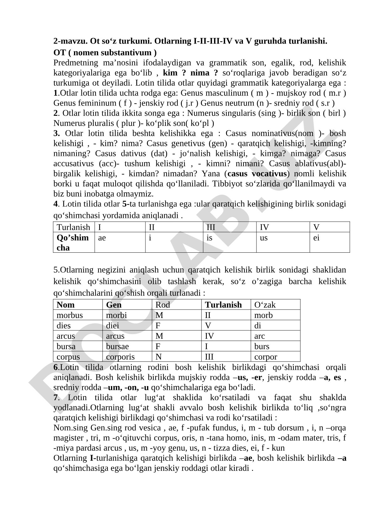 Ot so‘z turkumi. Otlarning I-II-III-IV va V guruhda turlanishi
