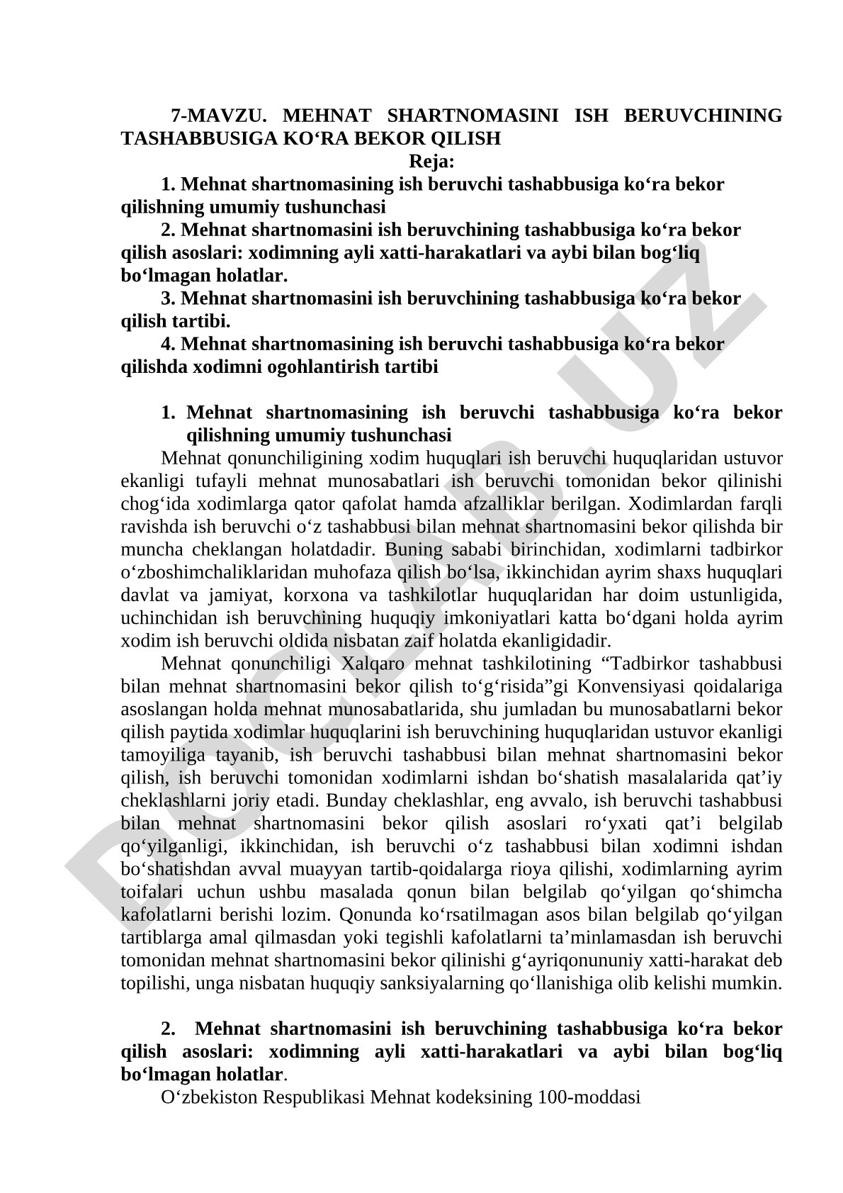 Mehnat shartnomasini ish beruvchining tashabbusiga ko‘ra bekor qilish