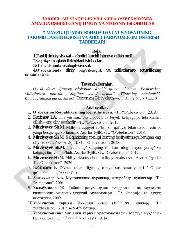 Mustaqillik yillarida O'zbekistonda amalga oshirilgan ijtimoiy va madaniy islohotlar