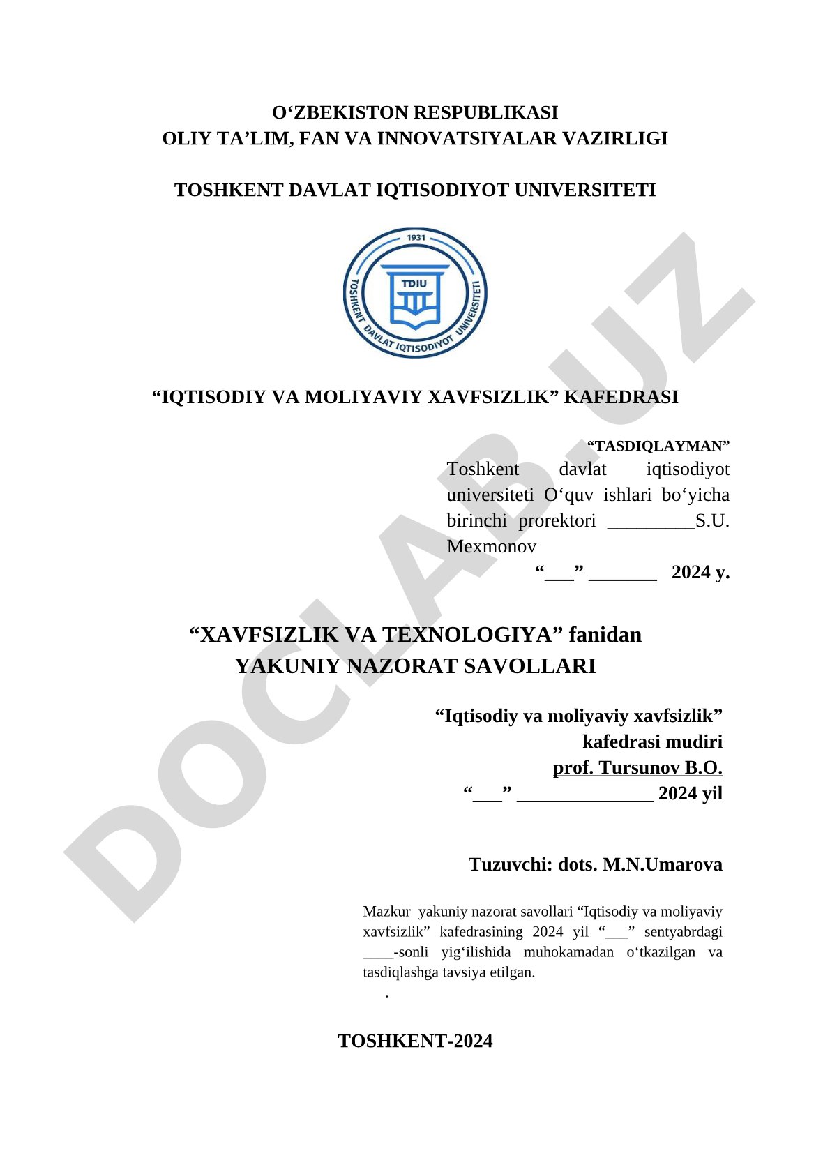 Xavfsizlik va texnologiya fanidan yakuniy nazorat savollari