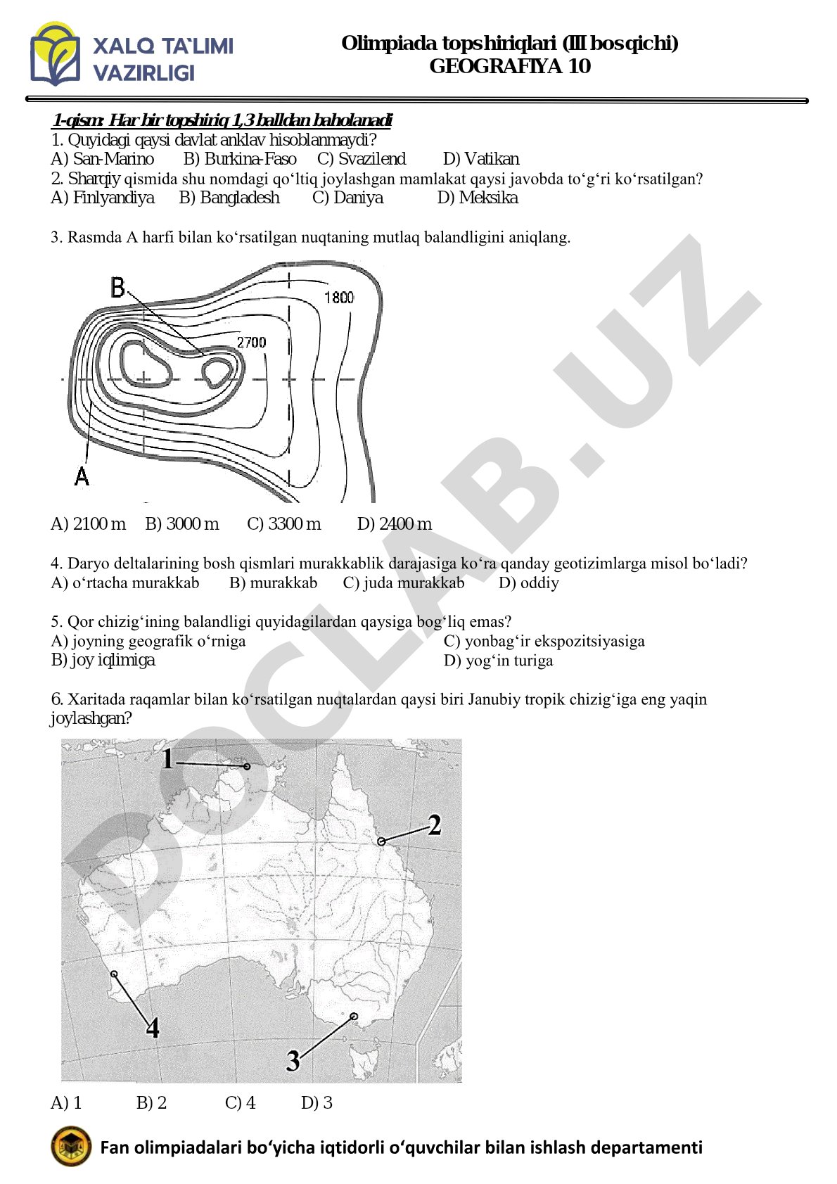 Geografiya 10-sinf olimpiada III bosqich test savollari