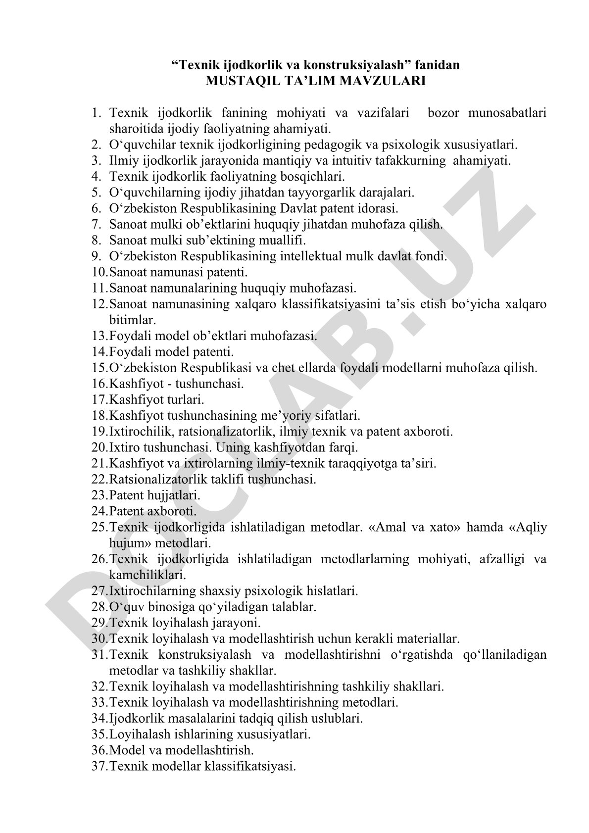 Texnik ijodkorlik va konstruksiyalash fanidan mustaqil ta'lim mavzulari