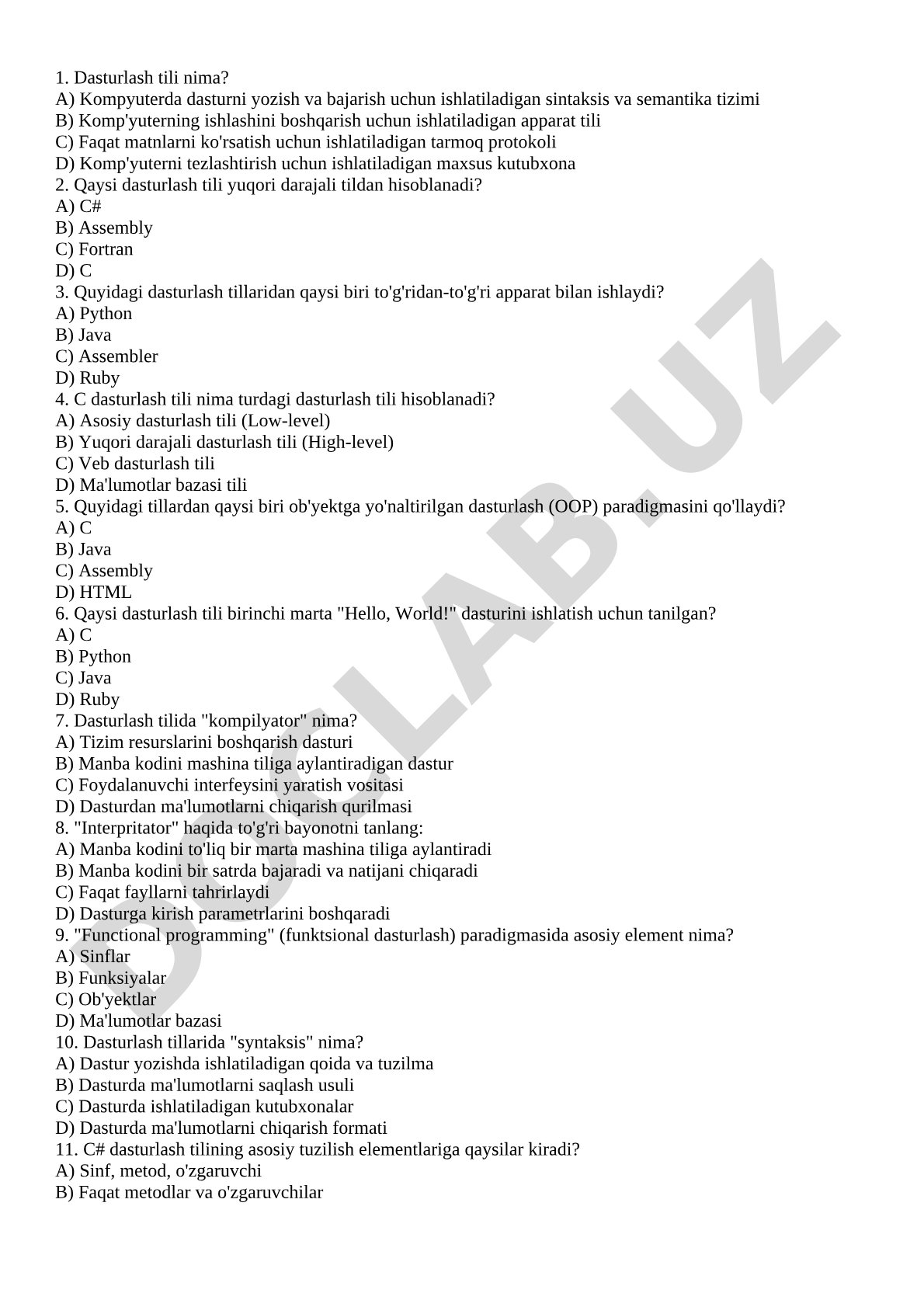 Dasturlash tillari test savollari