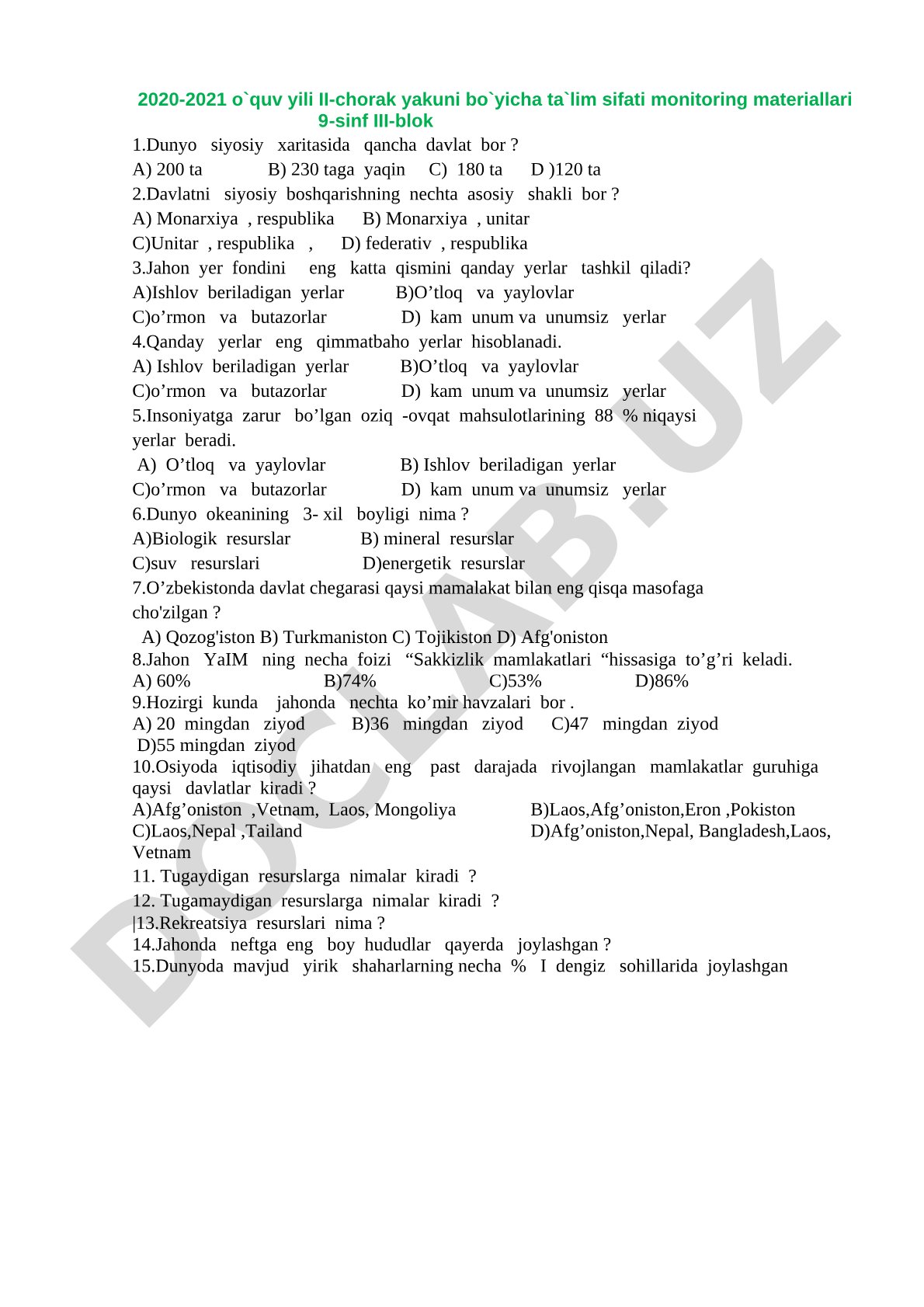 9-sinf geografiya ta'lim sifati monitoring testlari