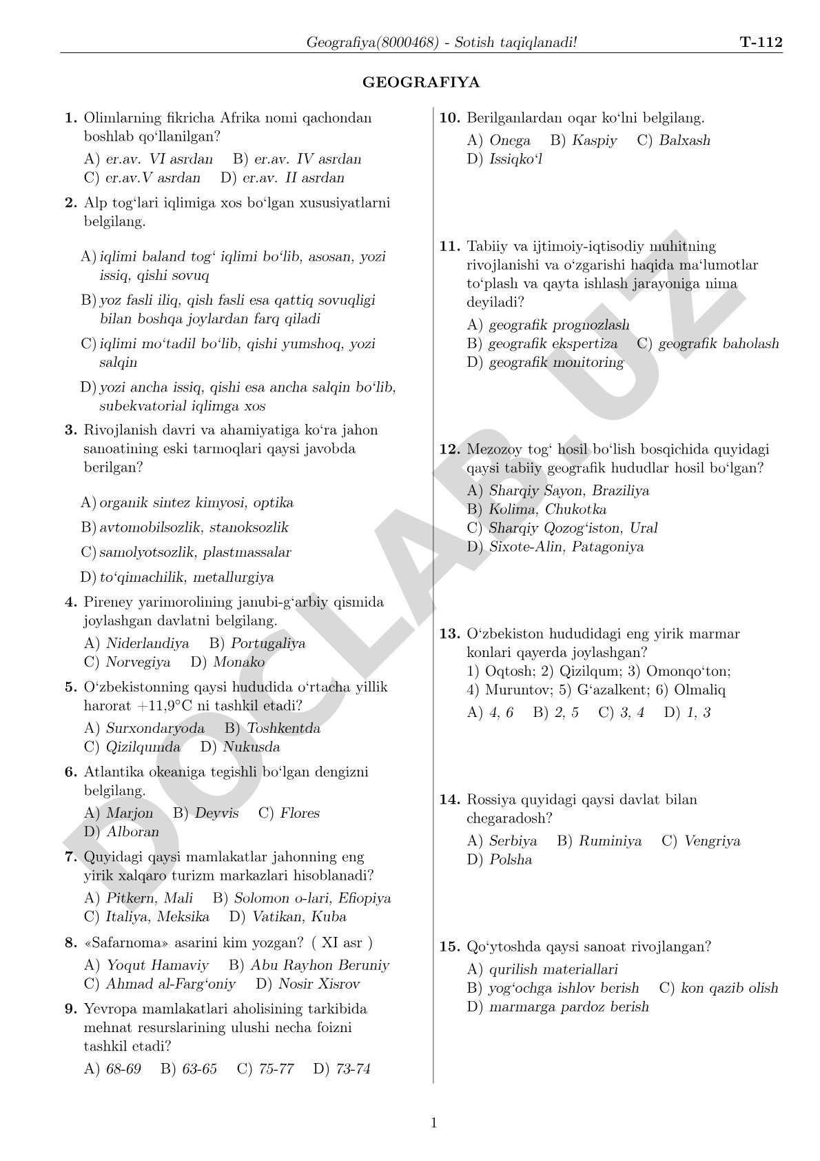 Geografiya fanidan test savollari
