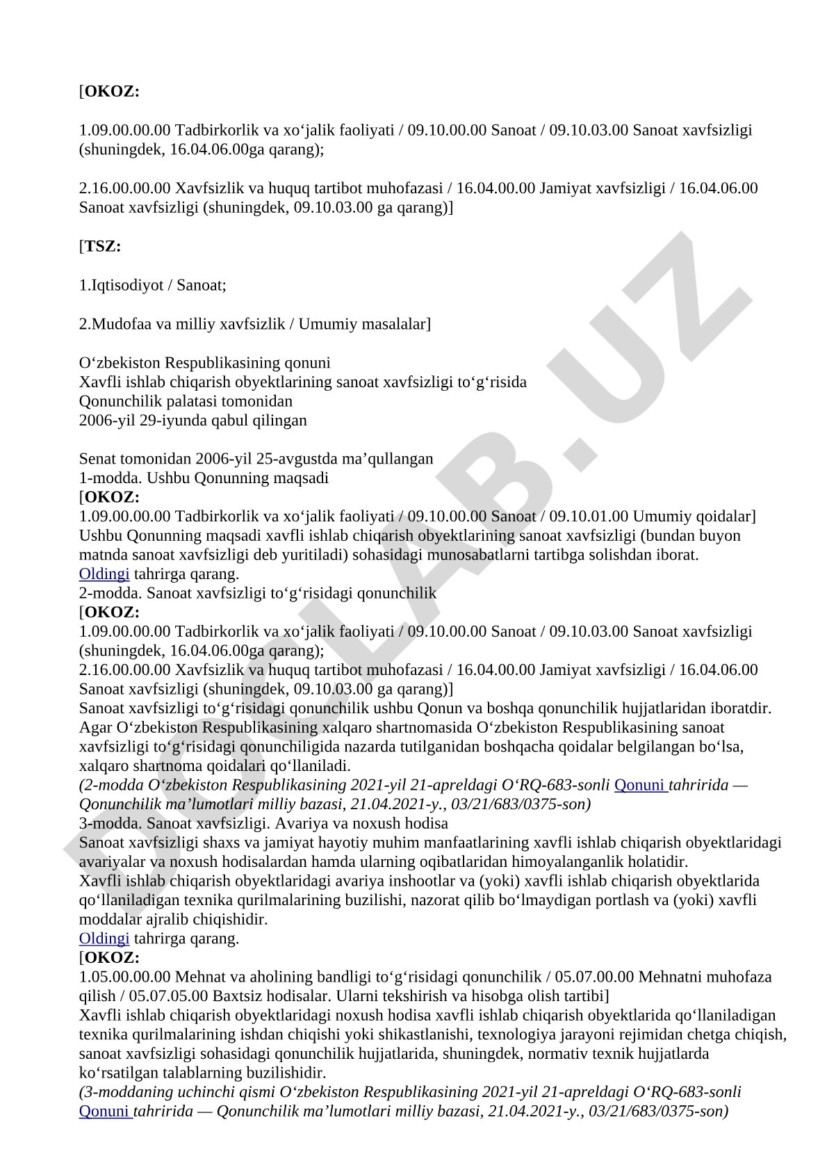 Xavfli ishlab chiqarish obyektlarining sanoat xavfsizligi to‘g‘risida