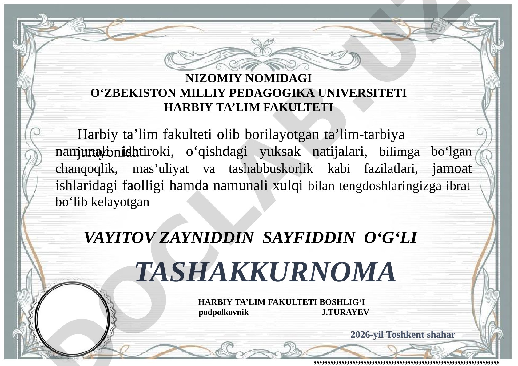 O‘qishdagi yuksak natijalar va namunali xulq uchun tashakkurnoma