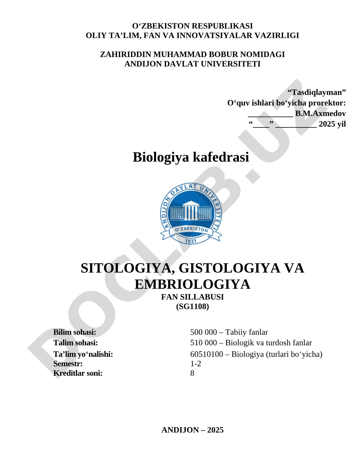 Sitologiya, gistologiya va embriologiya fan sillabusi