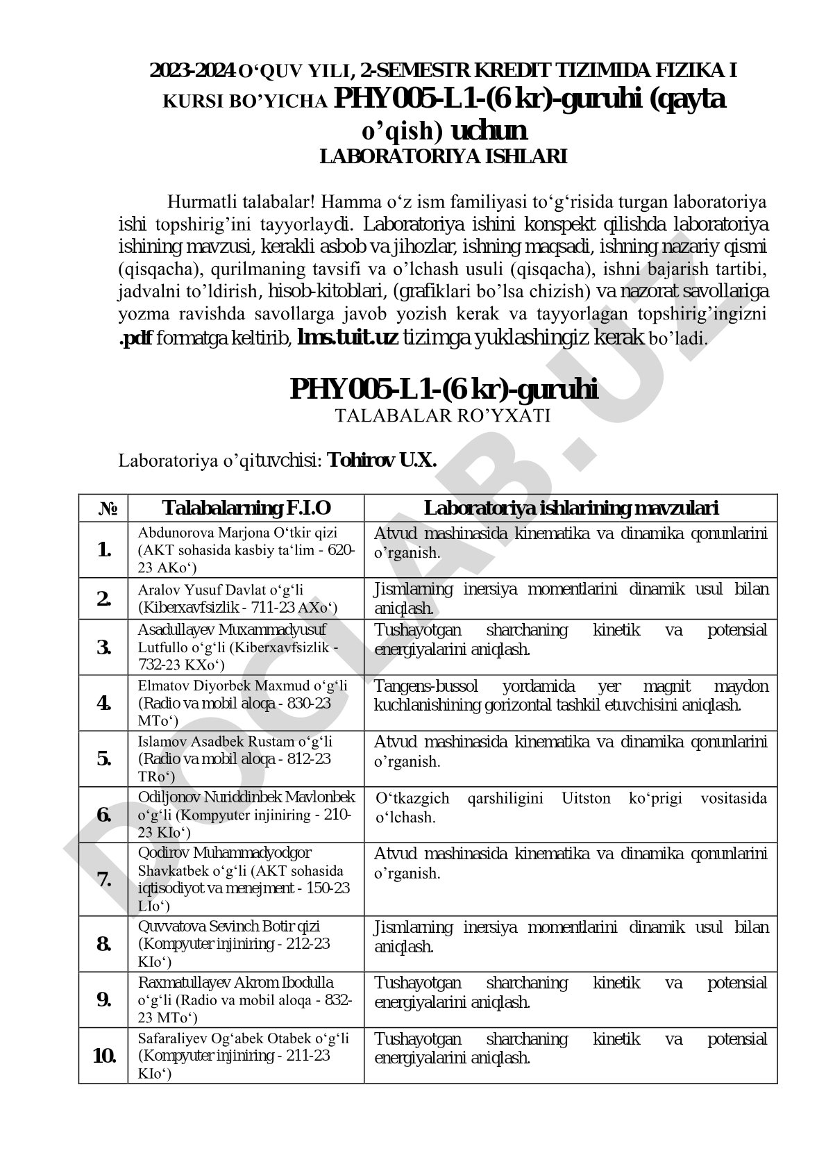 2023-2024 o'quv yili 2-semestr fizika I kursi laboratoriya ishlari