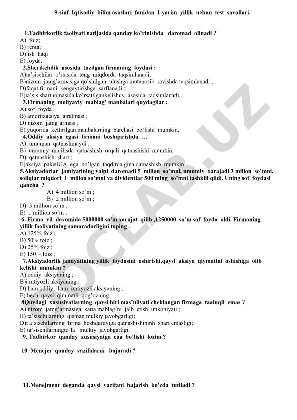 9-sinf Iqtisodiy bilim asoslari fanidan I-yarim yillik test savollari