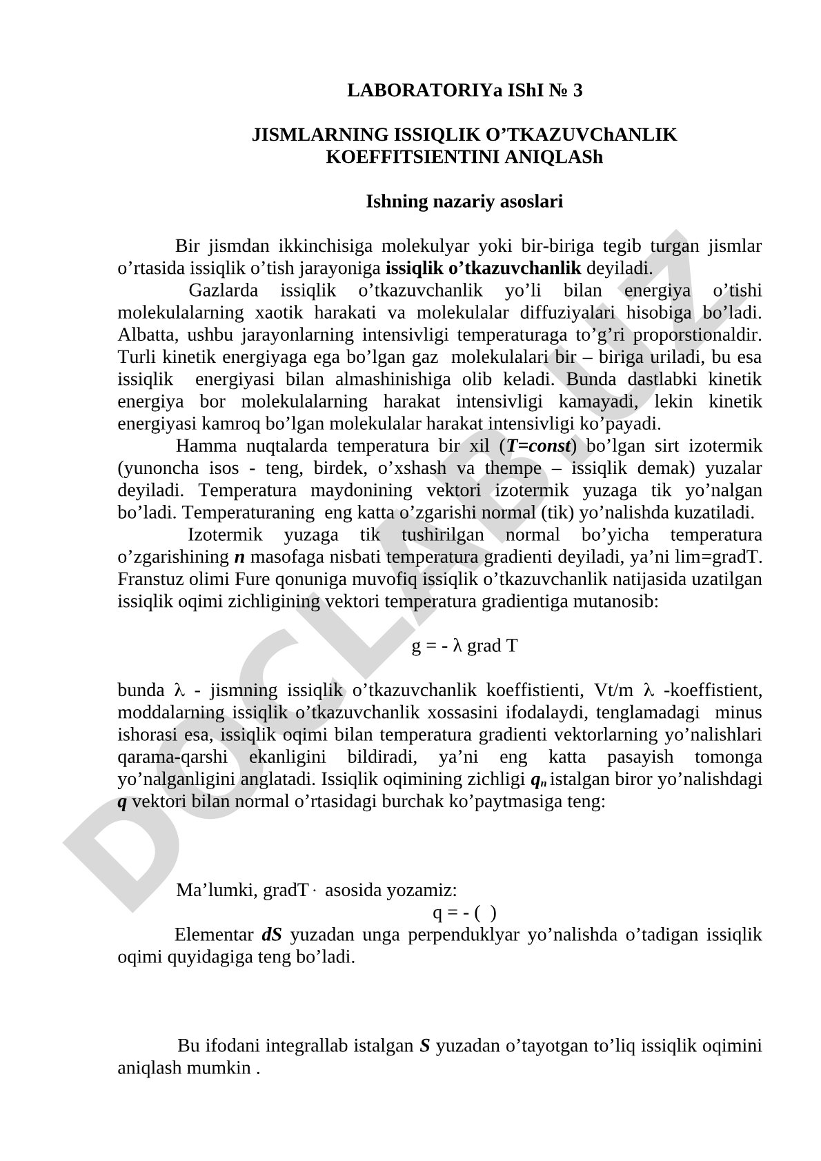 Jismlarning issiqlik o'tkazuvchanlik koeffitsientini aniqlash