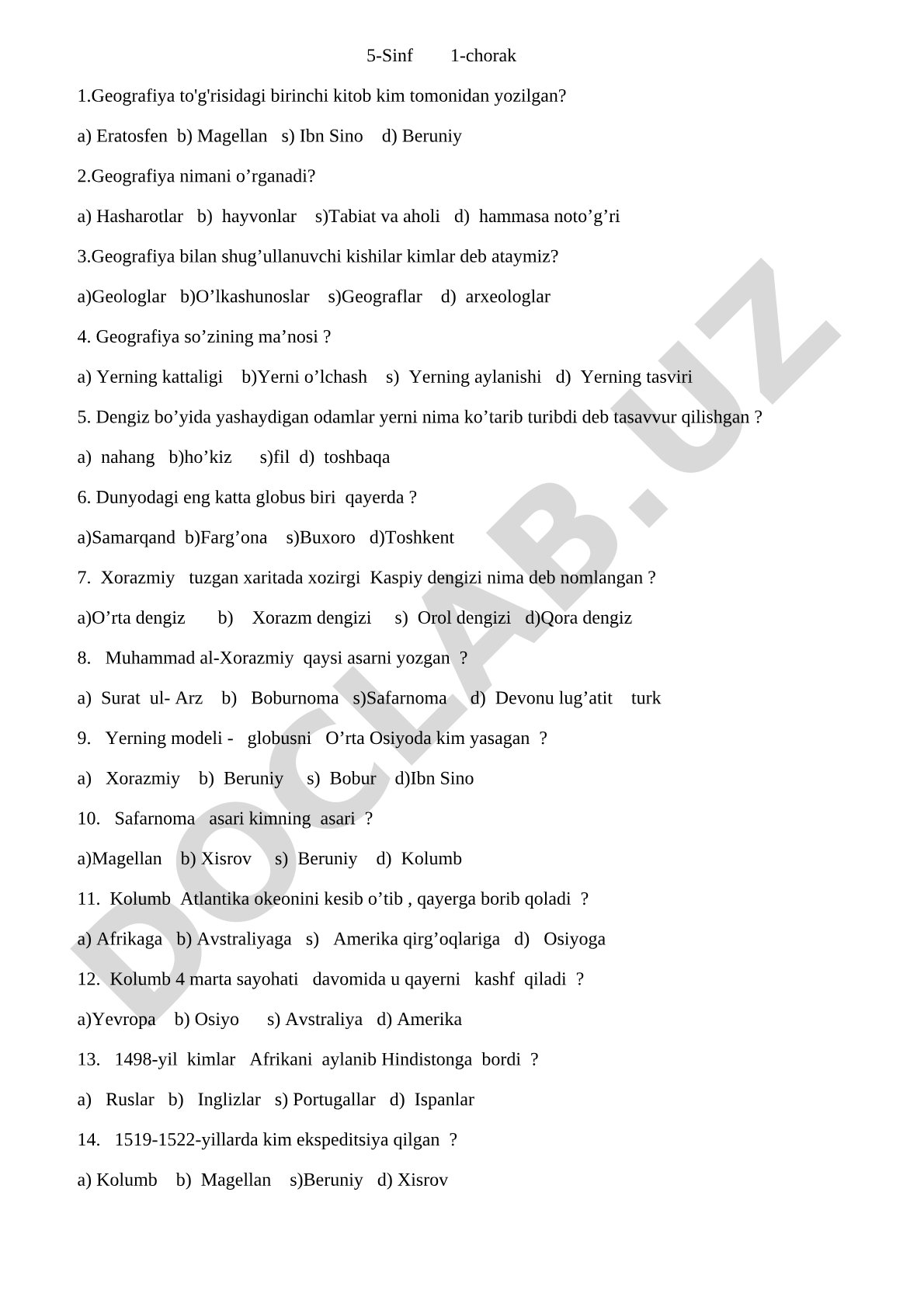 5-sinf geografiya test savollari