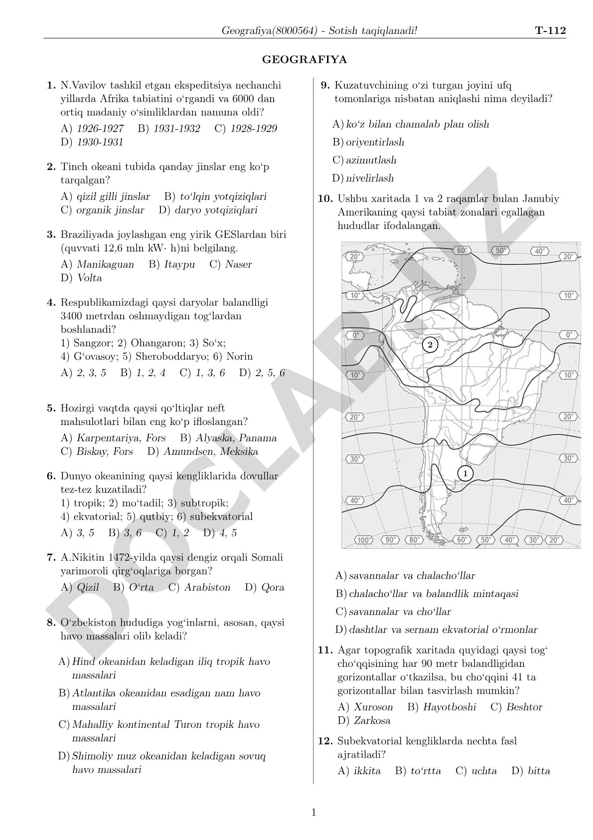 Geografiya test savollari