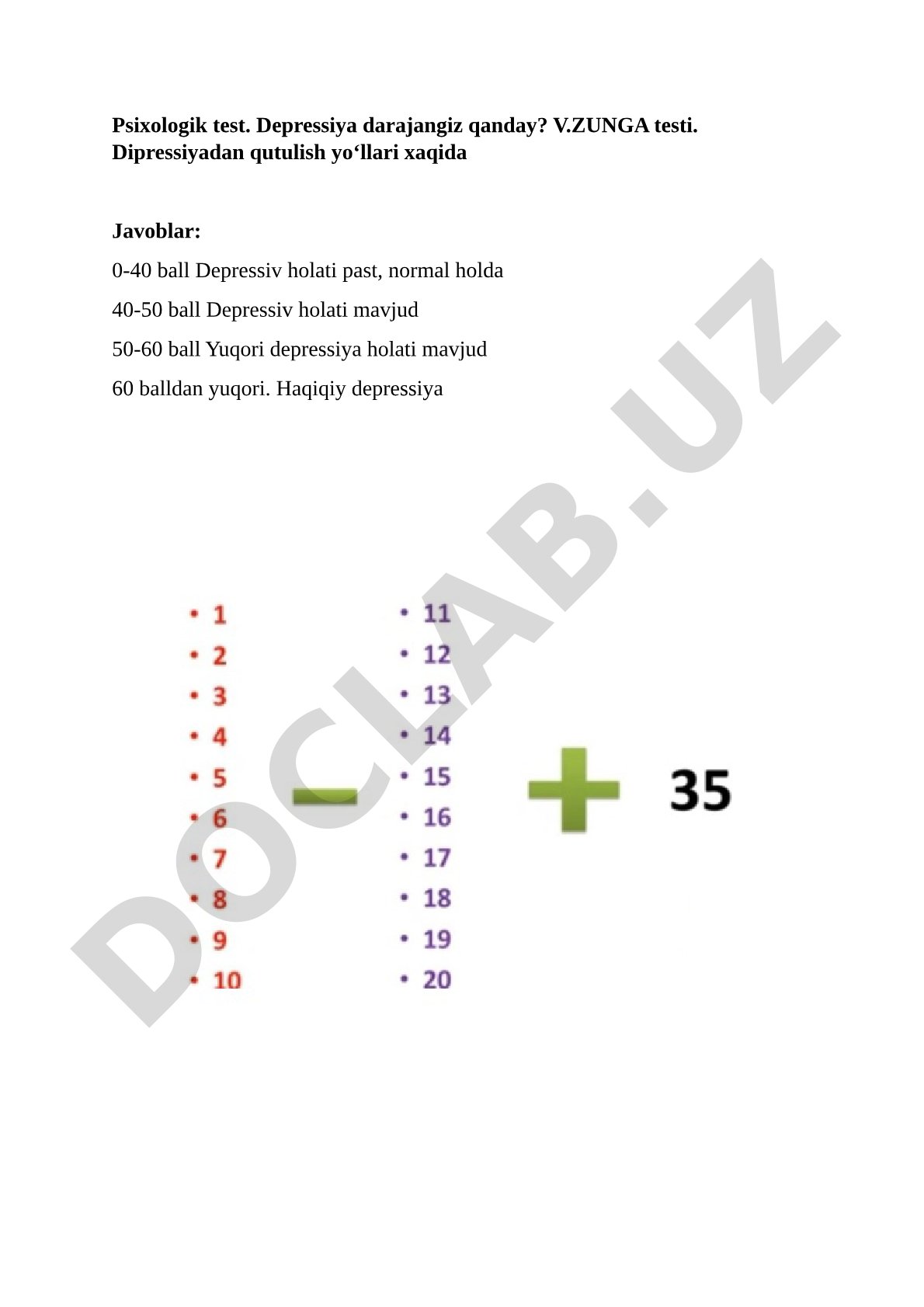 Psixologik test. Depressiya darajangiz qanday? V.ZUNGA testi.