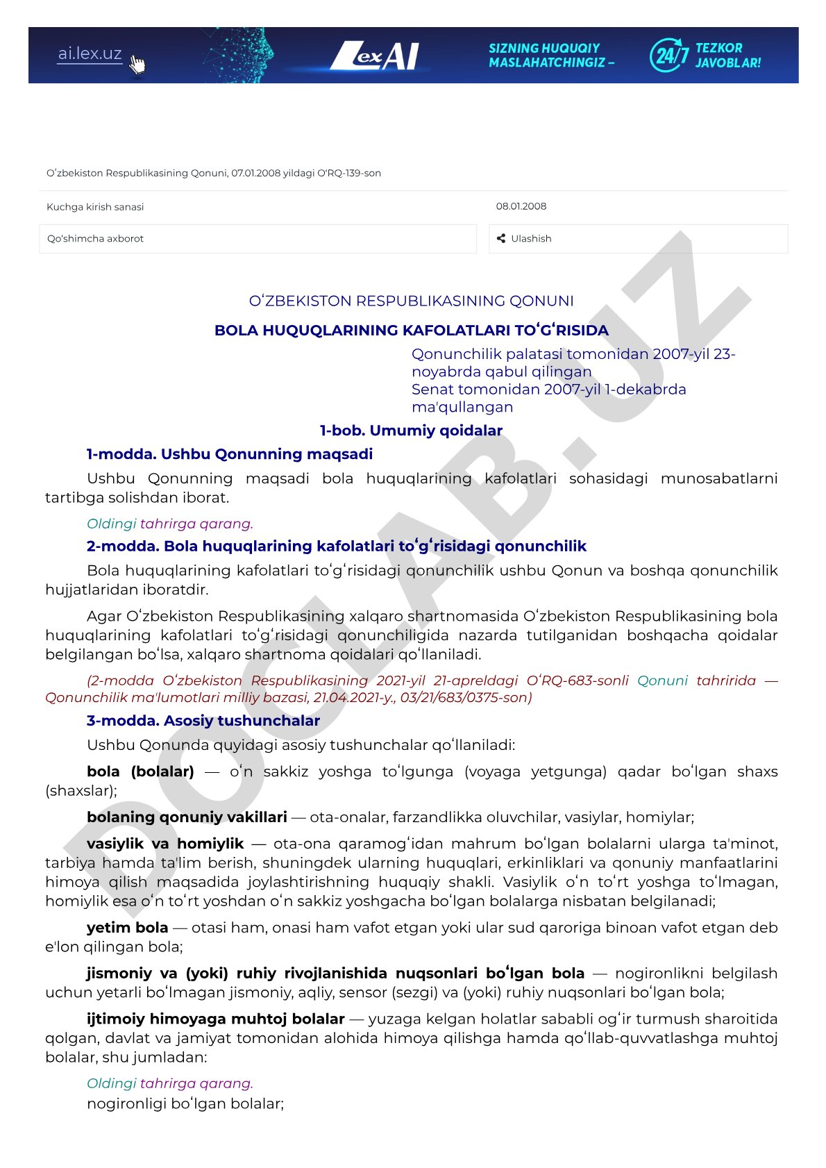 Bola huquqlarining kafolatlari to'g'risida
