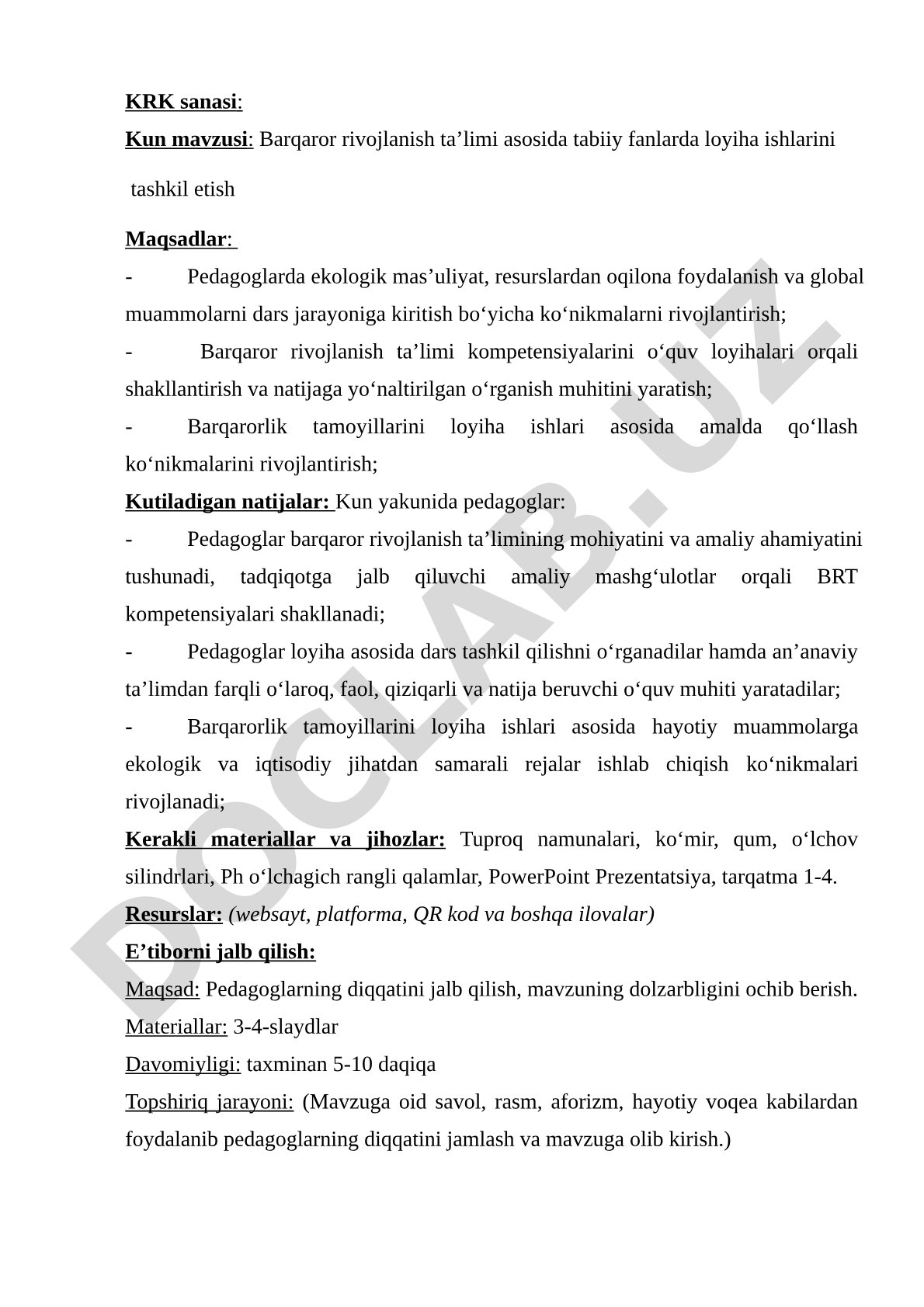 Barqaror rivojlanish ta’limi asosida tabiiy fanlarda loyiha ishlarini tashkil etish