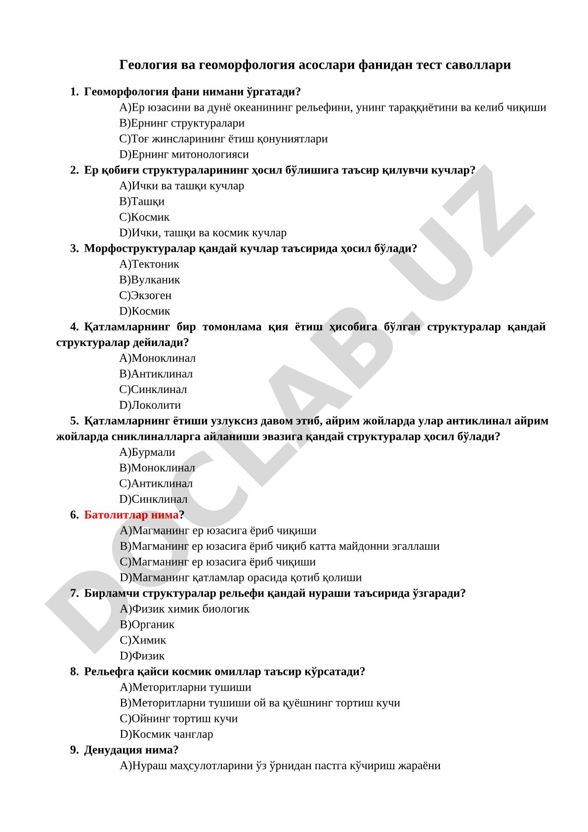 Геология ва геоморфология асослари фанидан тест саволлари