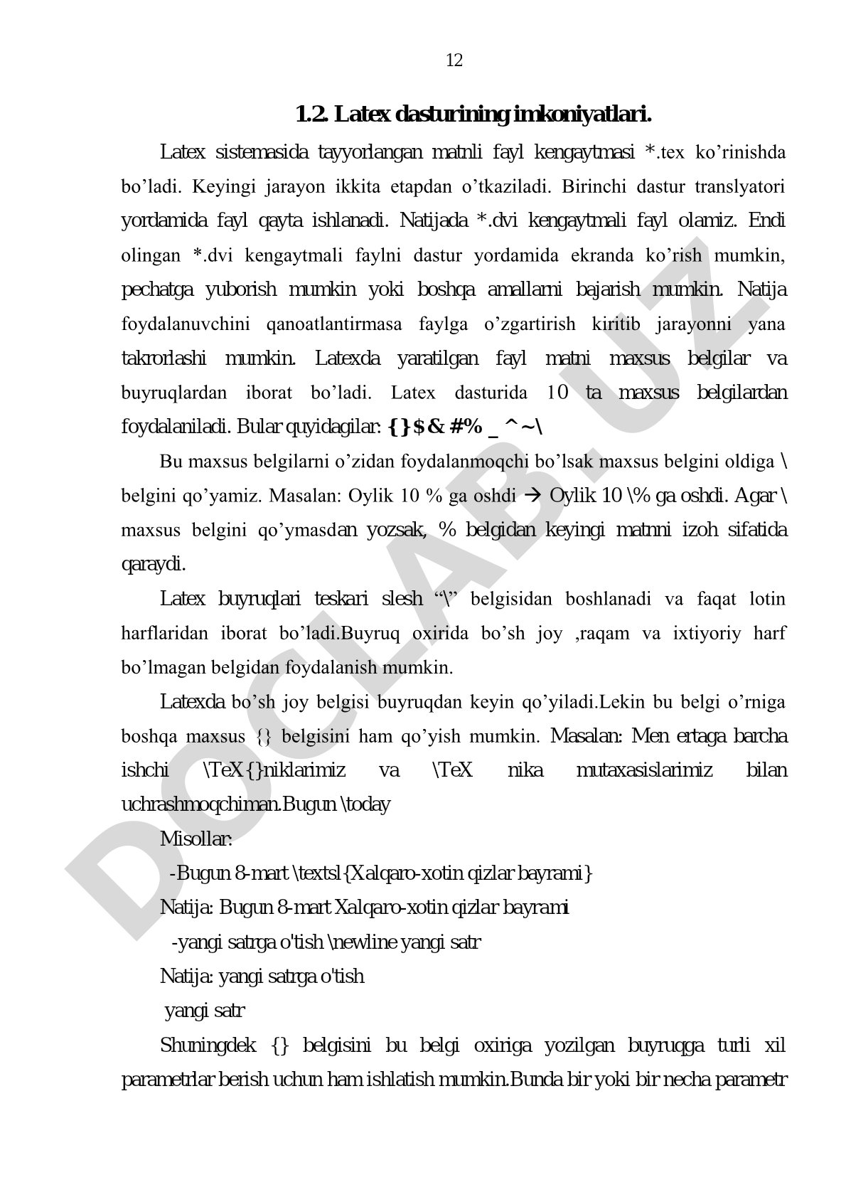 LaTeX fayllarni qayta ishlash, maxsus belgilar va buyruqlar tizimi bayon etilgan