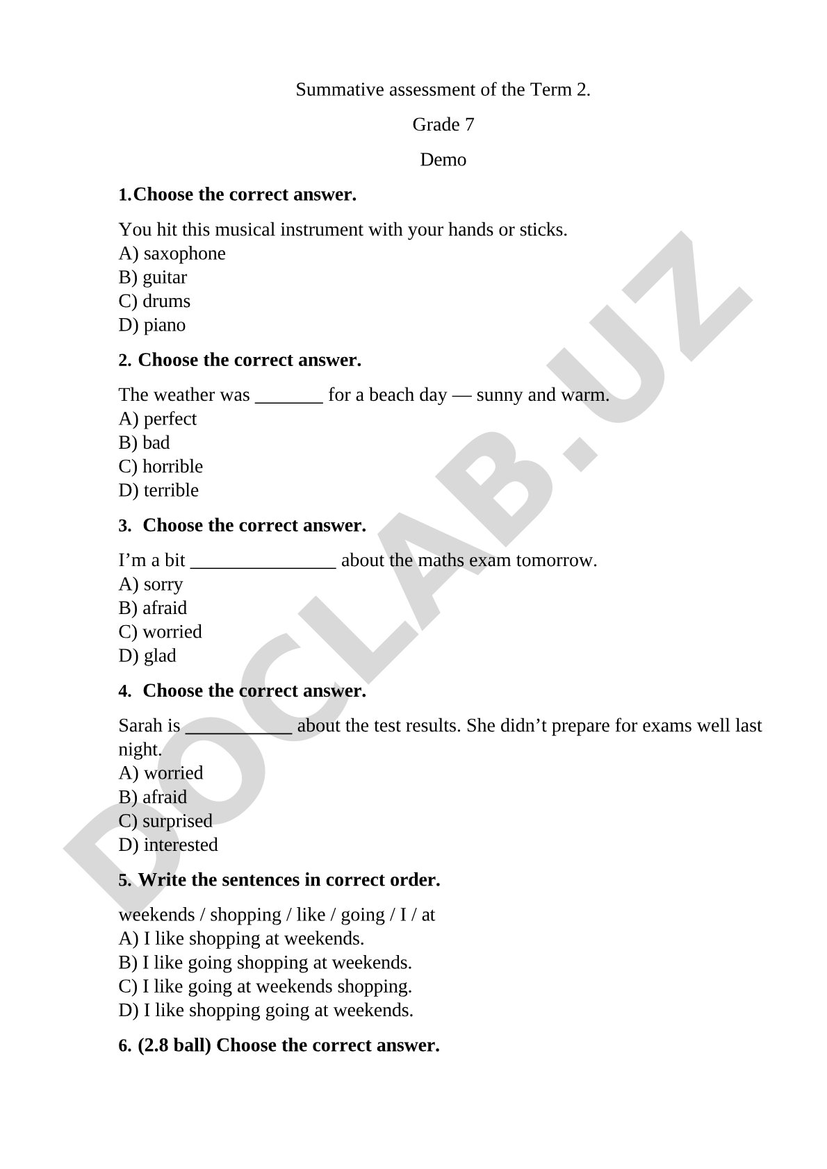 Grade 7 English Term 2 Summative Assessment Demo