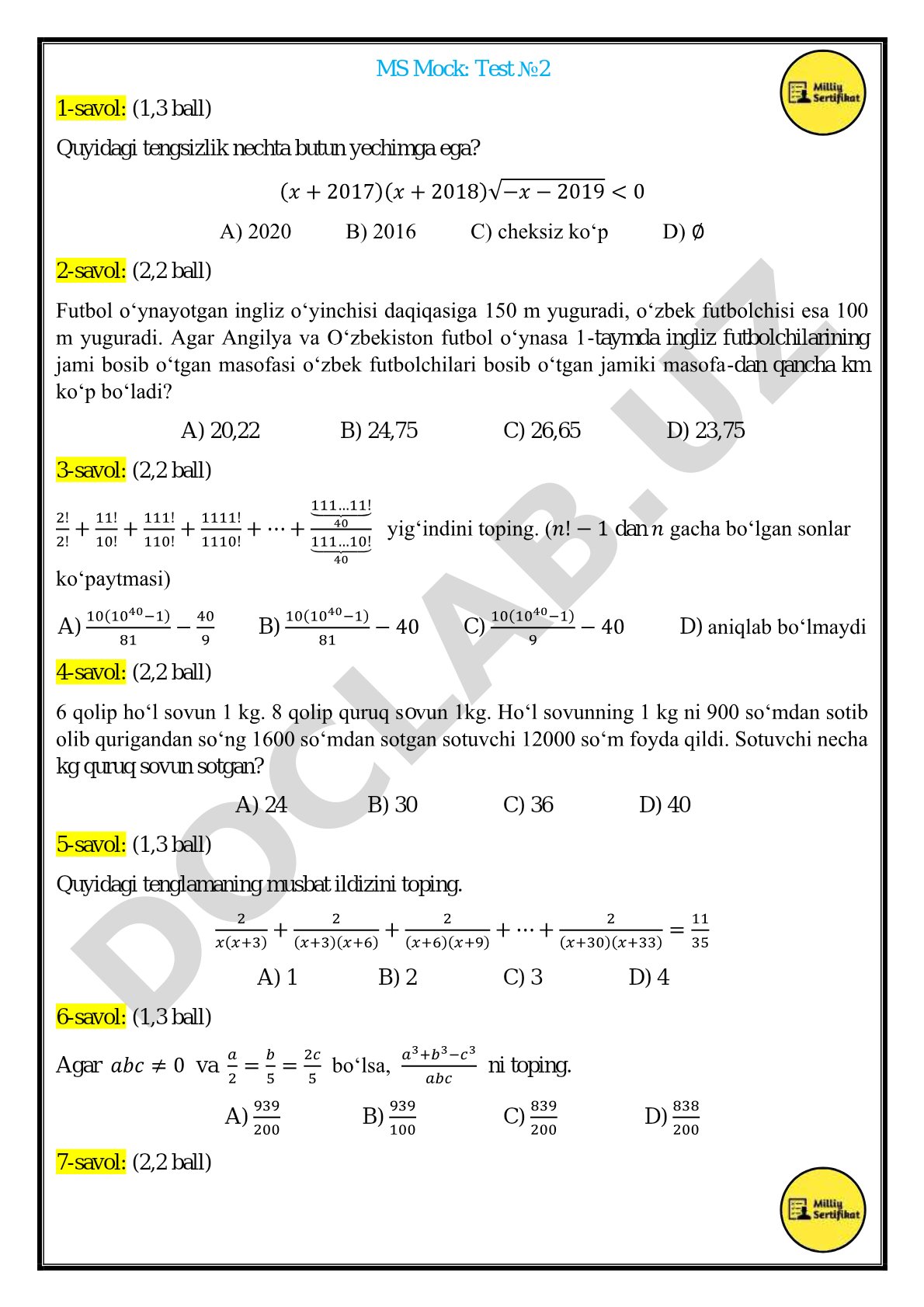 Matematika aralash test
