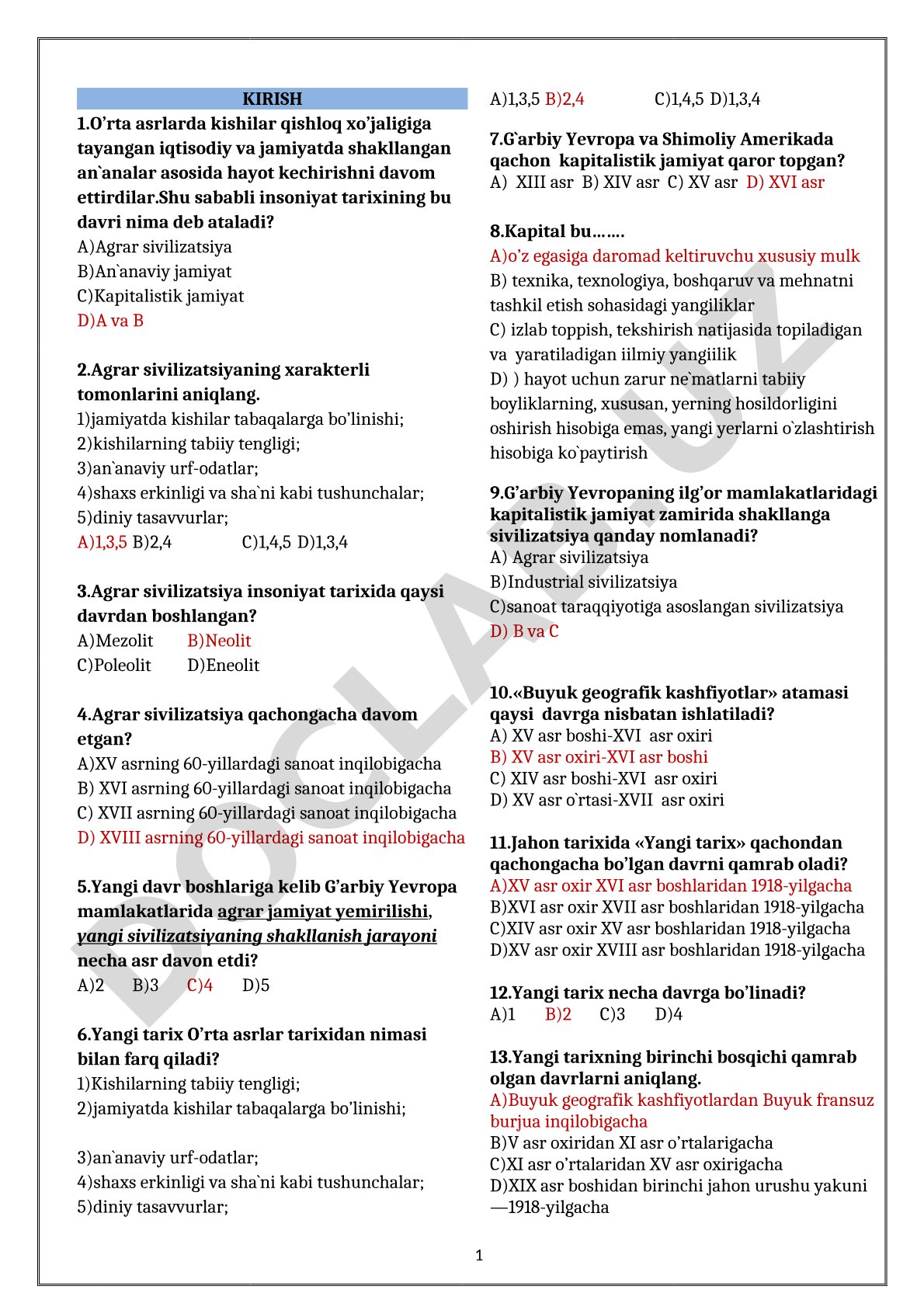 Agrar sivilizatsiya mavzusidagi test savollari