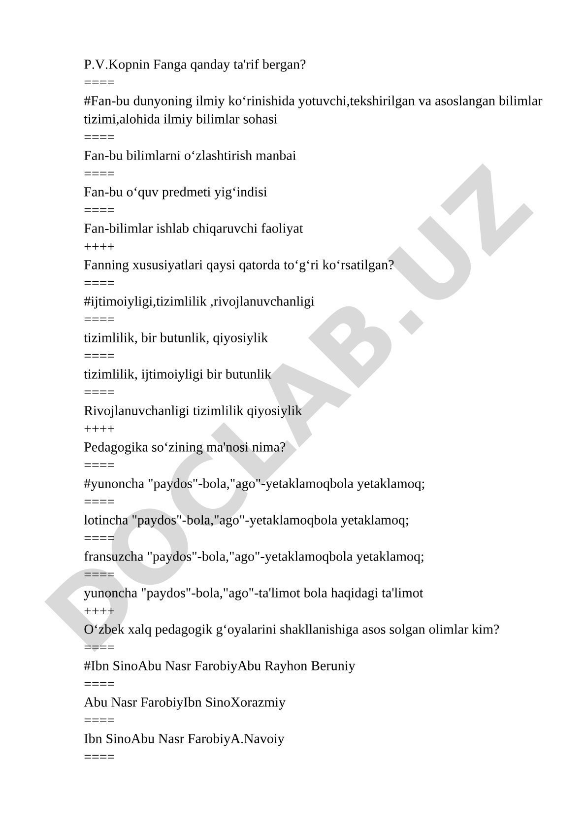 Pedagogika fanidan test savollari
