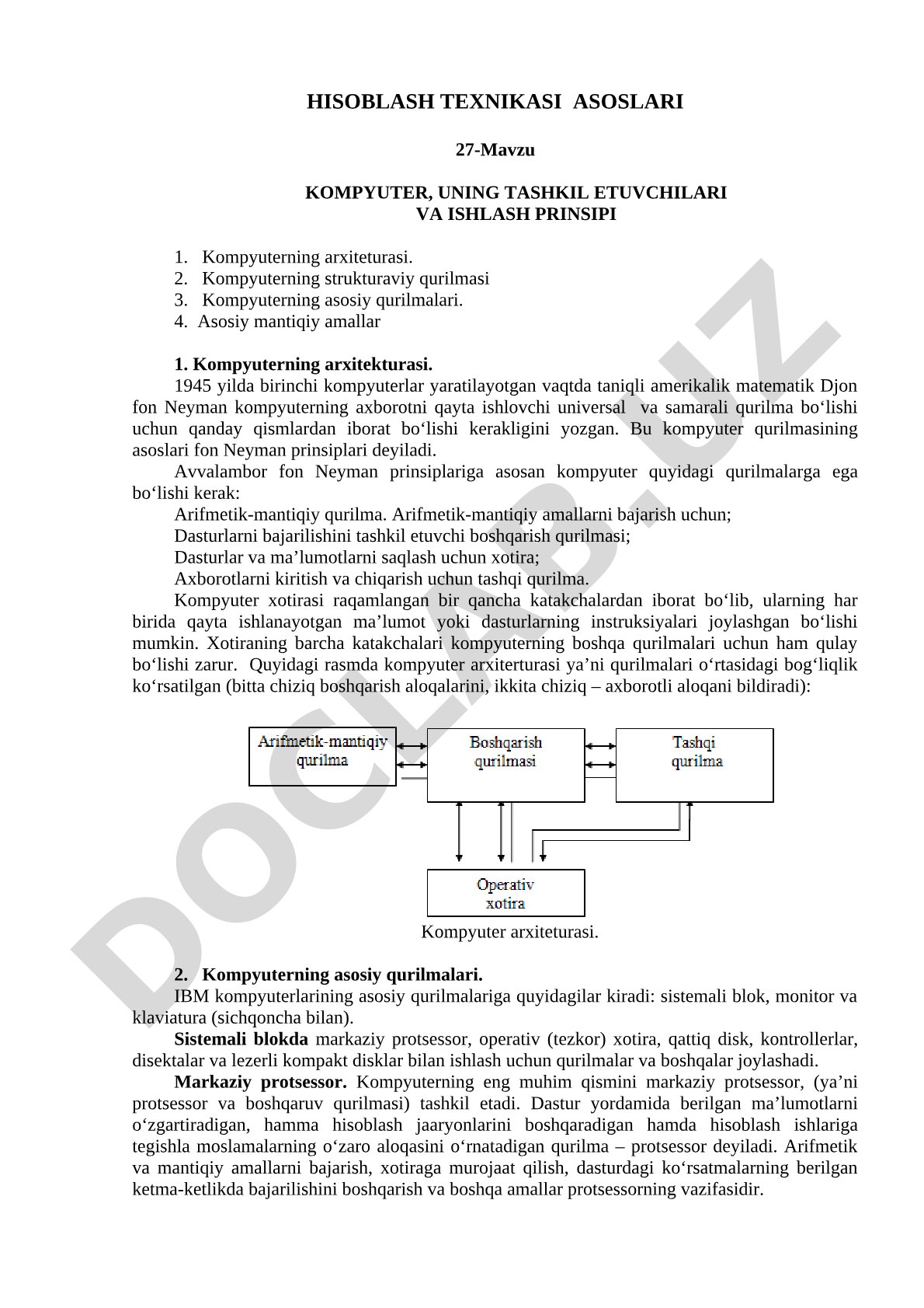 Kompyuter, uning tashkil etuvchilari va ishlash prinsipi
