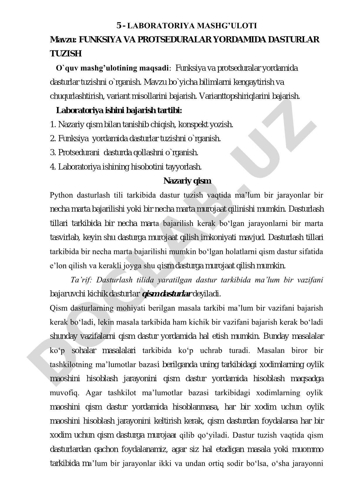 FUNKSIYA VA PROTSEDURALAR YORDAMIDA DASTURLAR TUZISH
