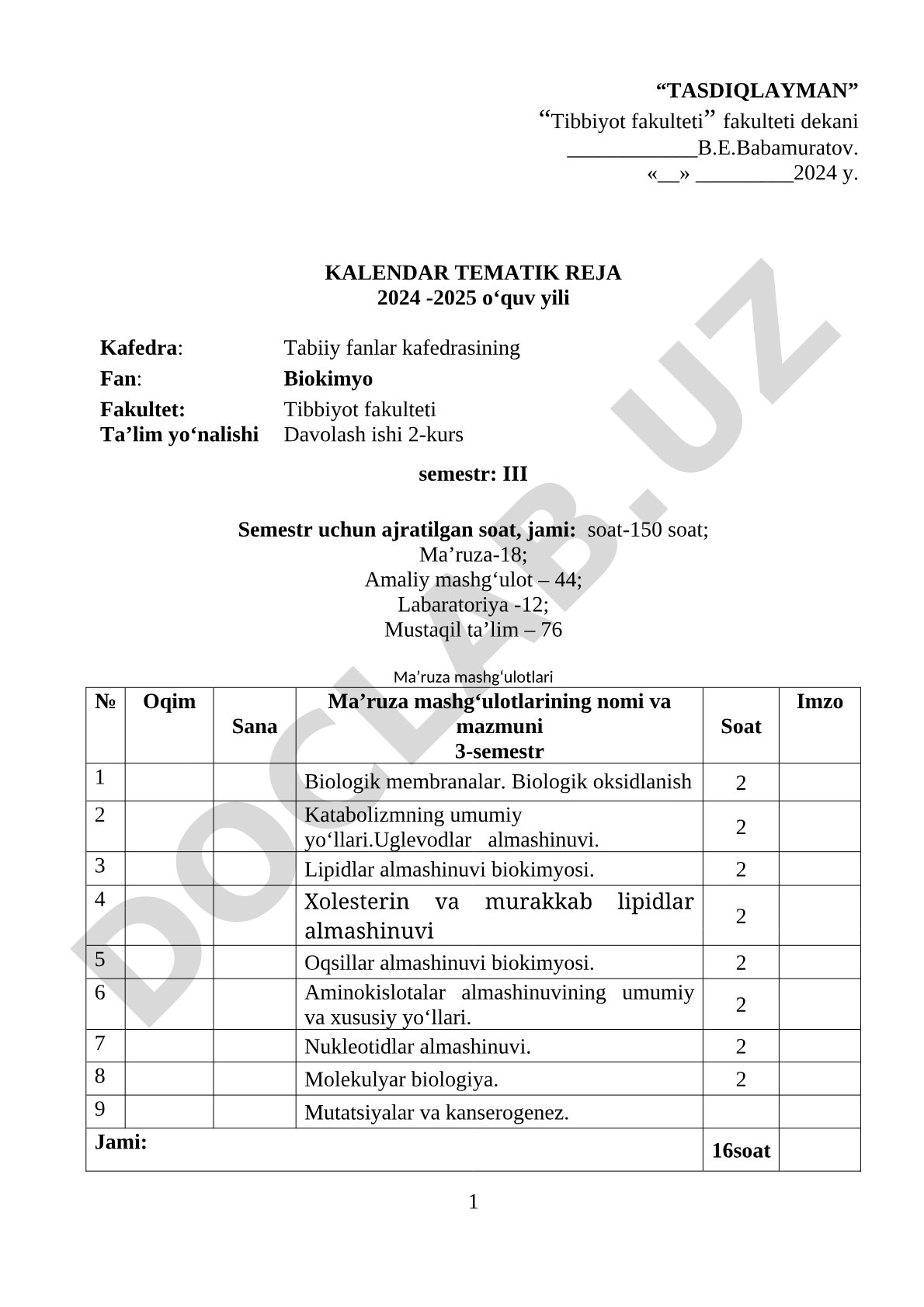 Biokimyo fanidan kalendar tematik reja