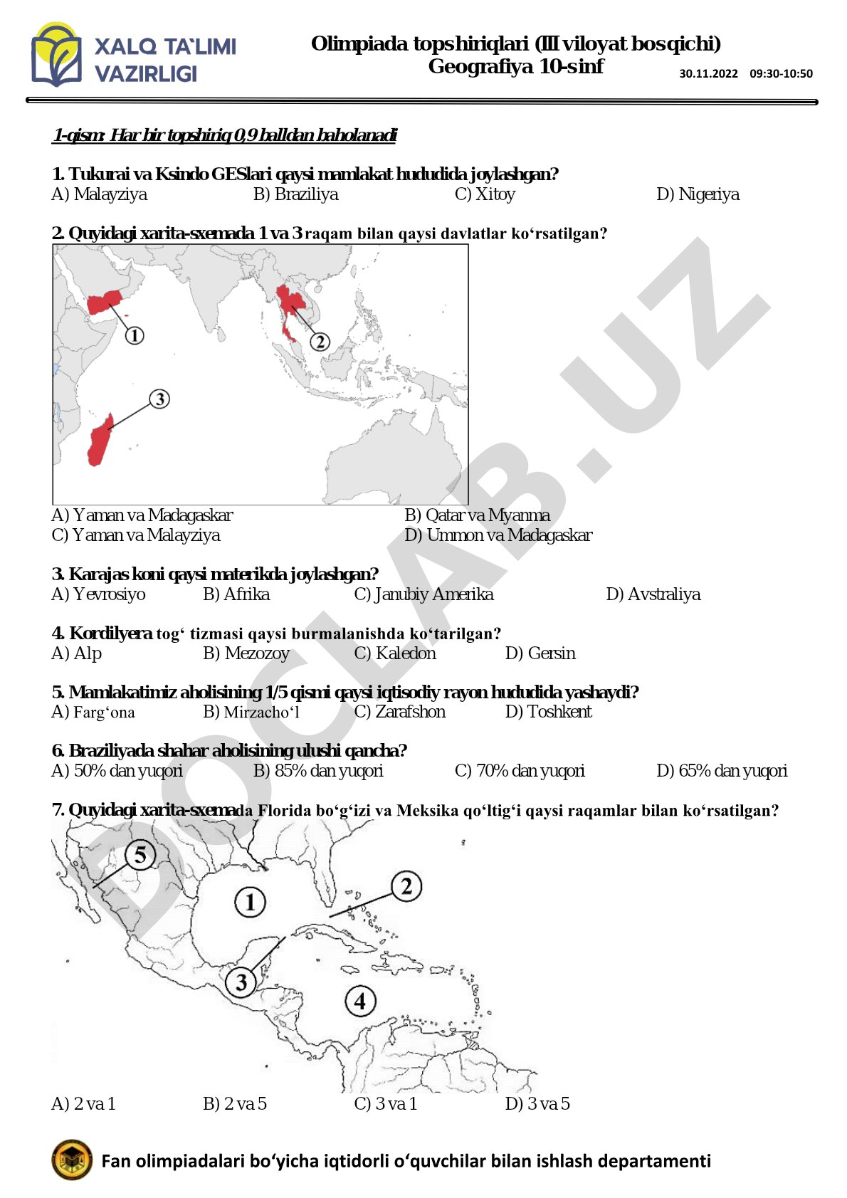 Olimpiada topshiriqlari (III viloyat bosqichi) Geografiya 10-sinf