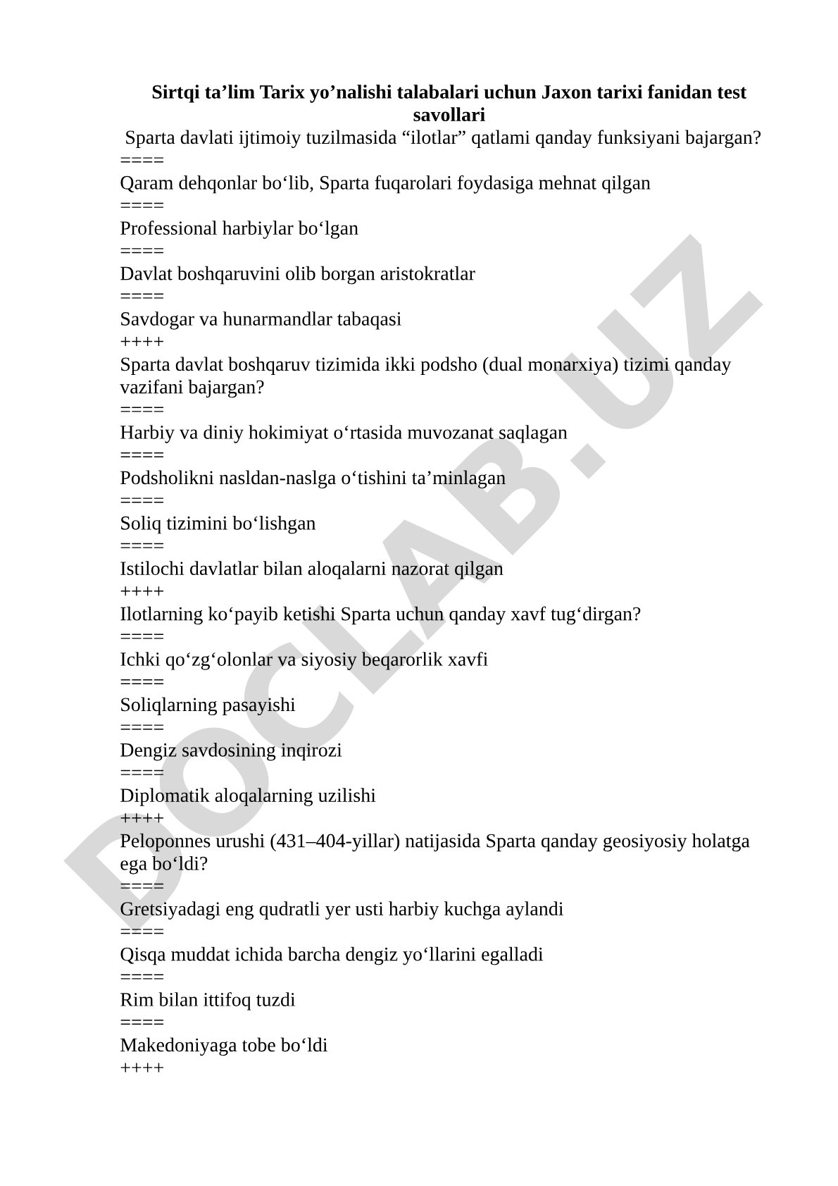 Jaxon tarixi fanidan test savollari