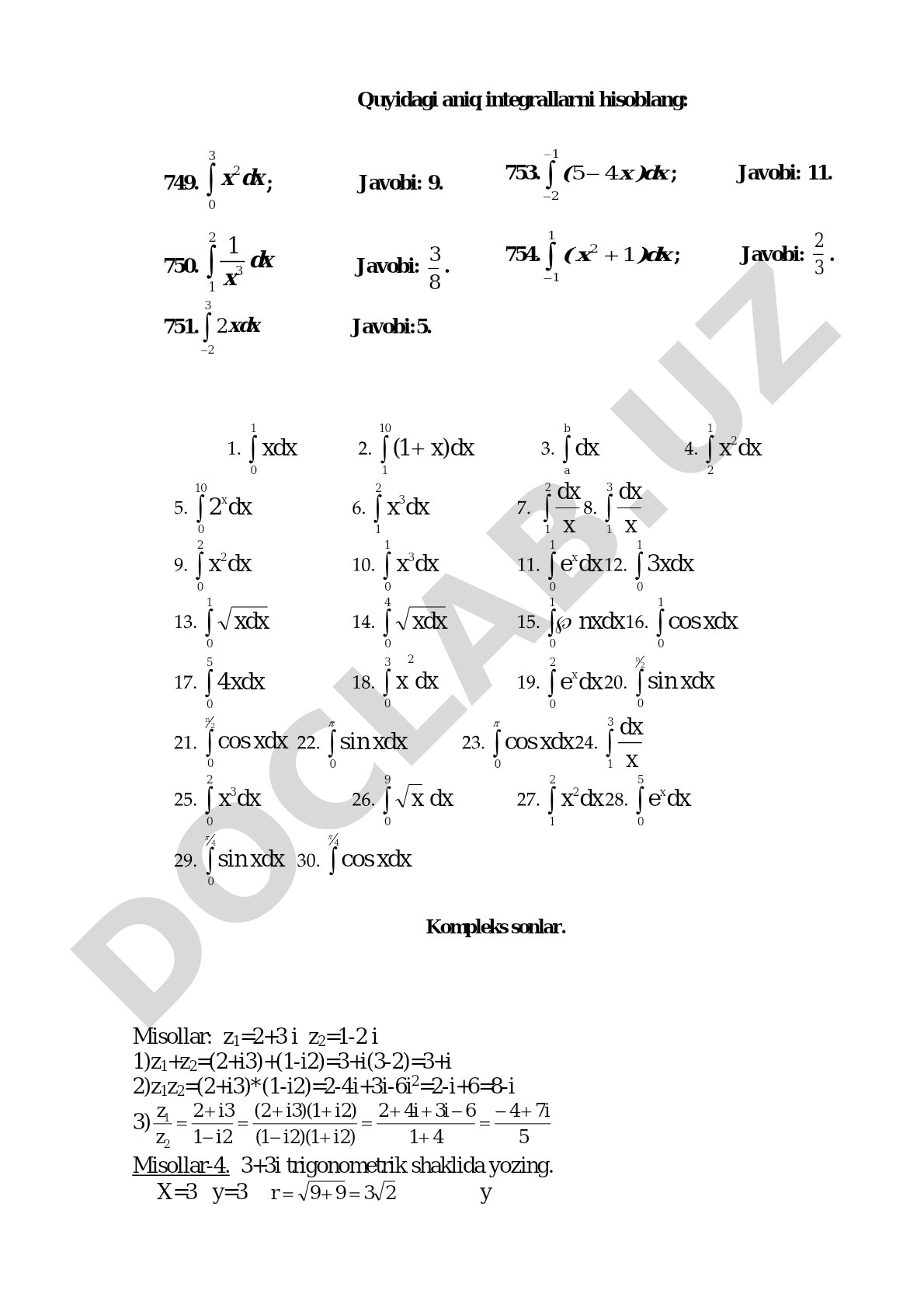 Aniq integrallar va kompleks sonlar misollari