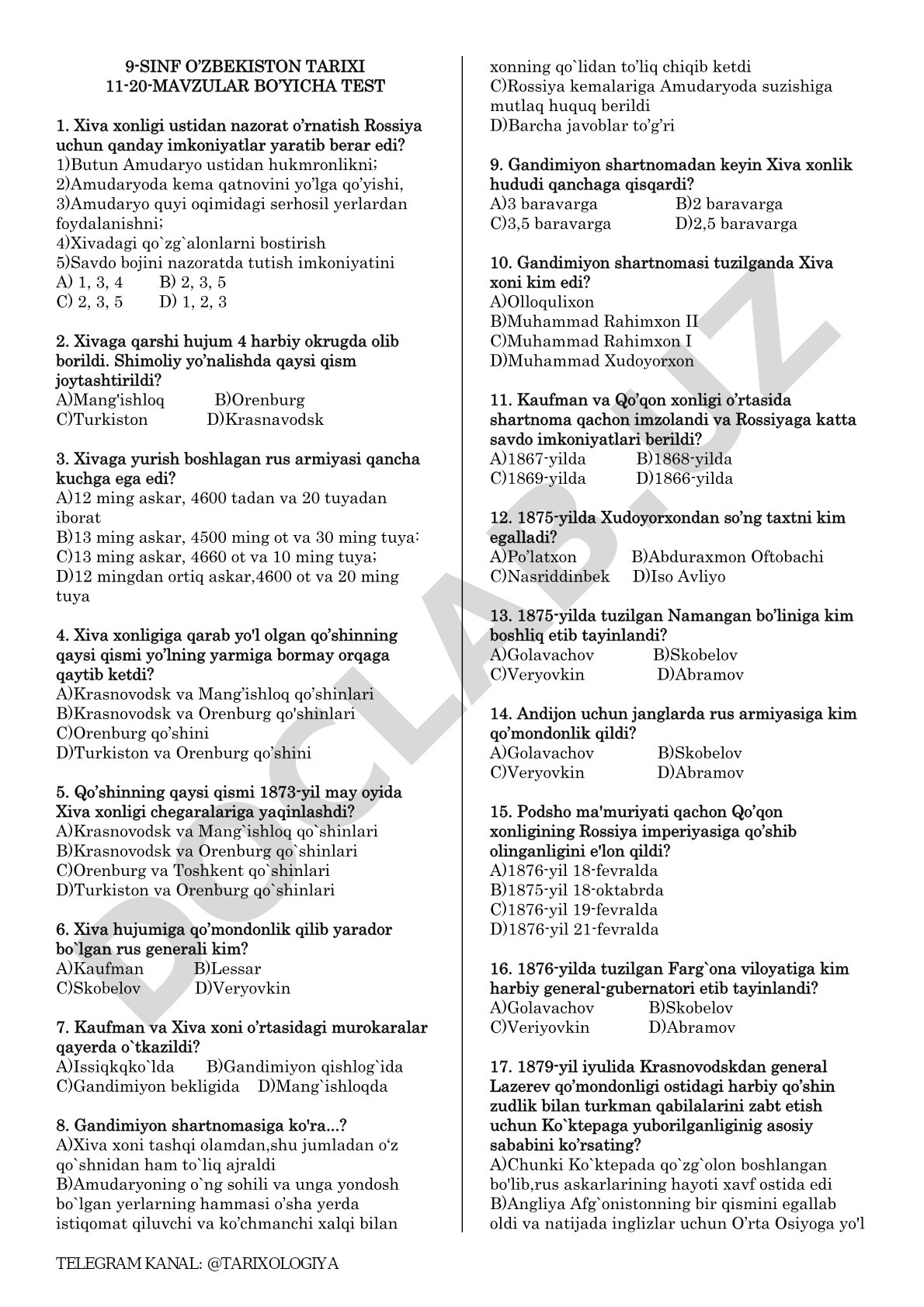 9-sinf O'zbekiston tarixi 11-20-mavzular bo'yicha test