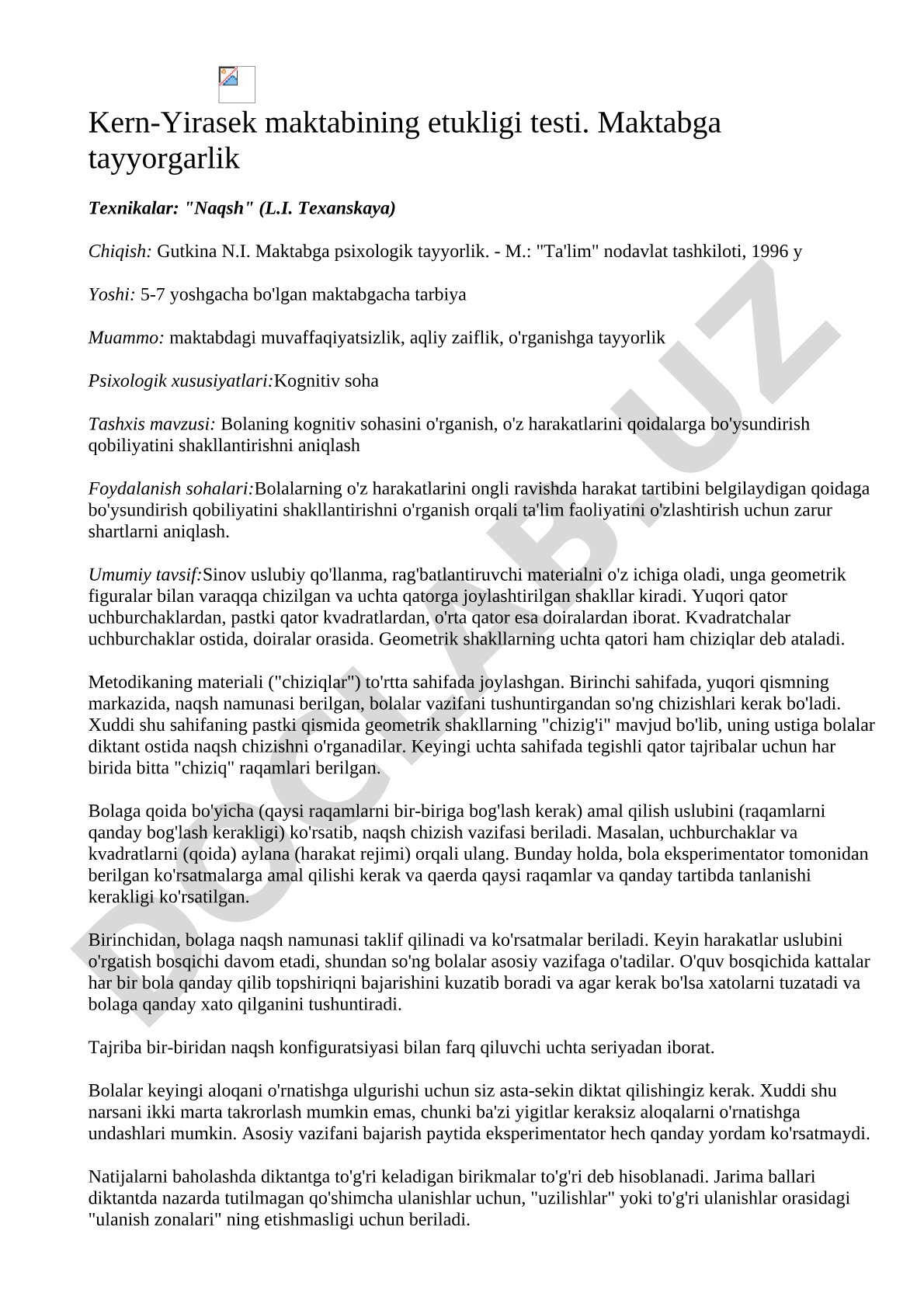 Kern-Yirasek maktabining etukligi testi