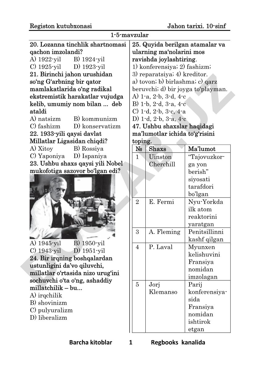 10-sinf uchun Jahon tarixi fanidan test savollari