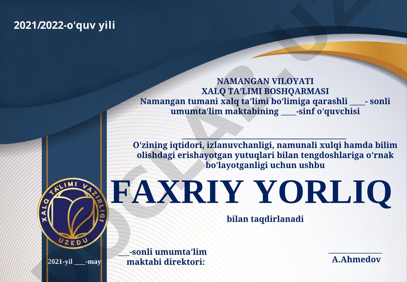 O'quvchi va o'qituvchini taqdirlash uchun faxriy yorliq namunasi