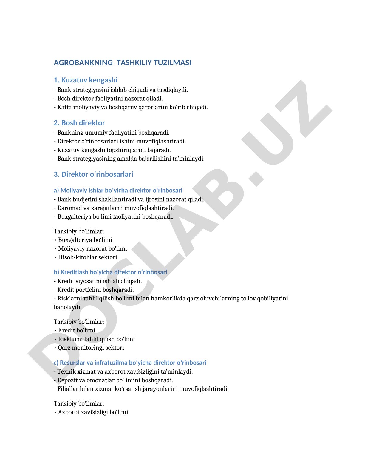 Bankning boshqaruv organlari va tarkibiy bo'limlari tuzilmasi yoritilgan