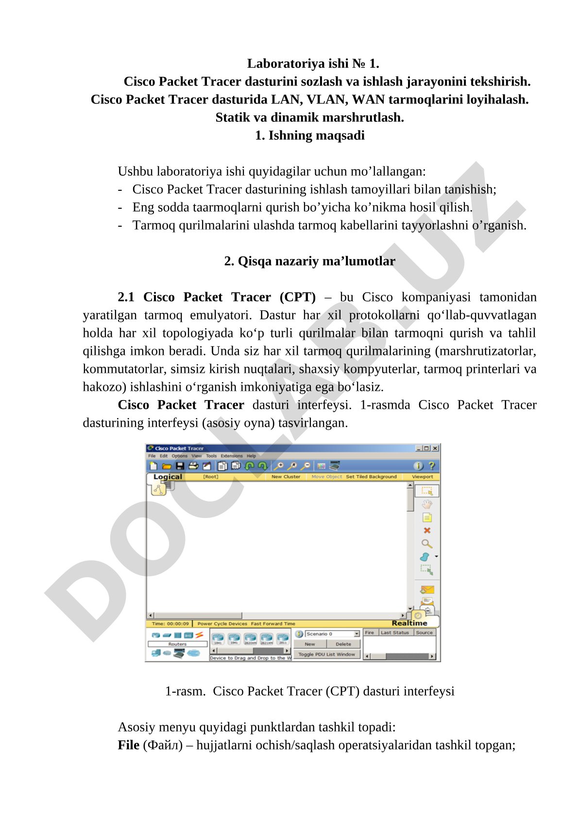 Cisco Packet Tracer dasturini sozlash va ishlash jarayonini tekshirish