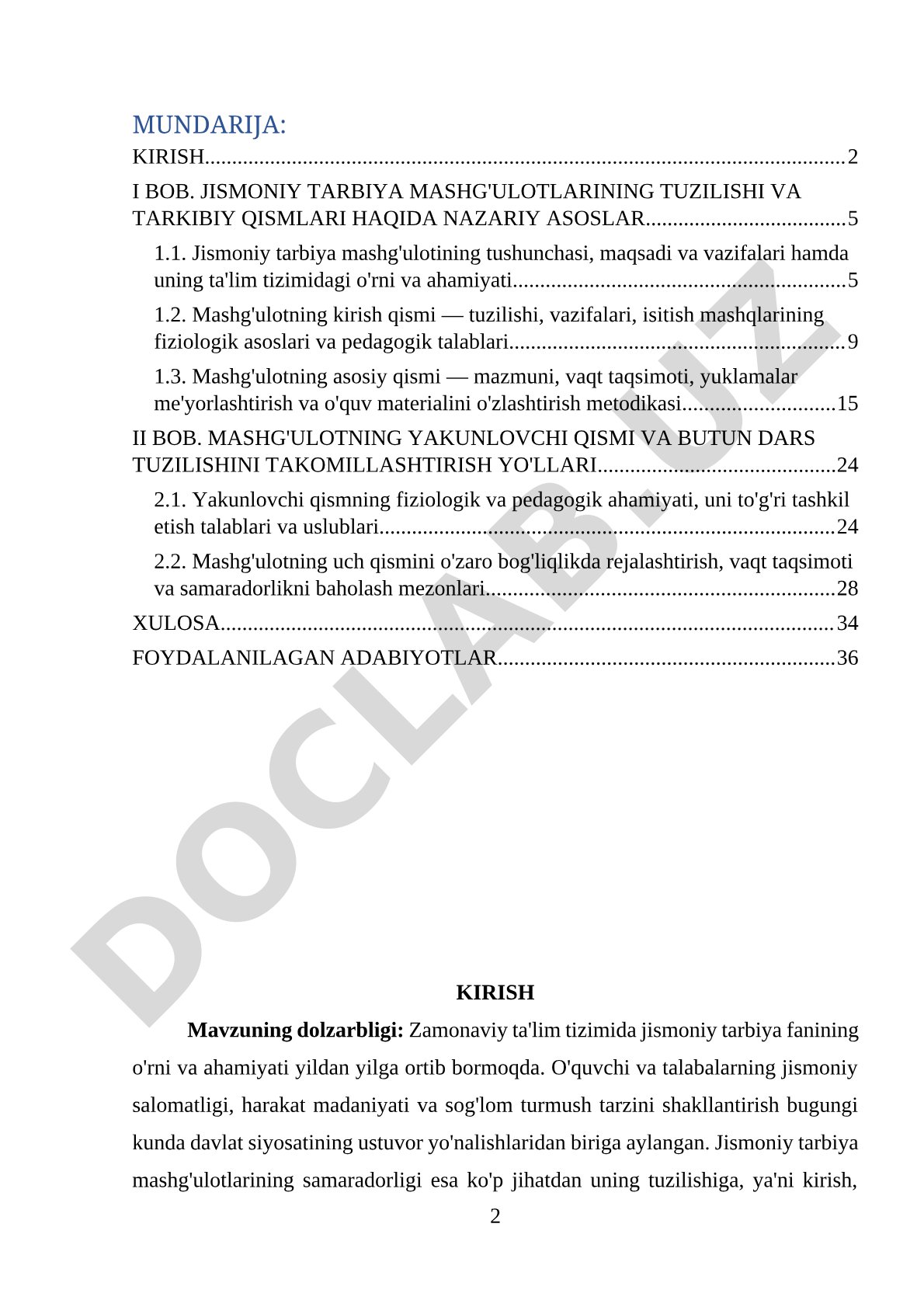 Jismoniy tarbiya mashg'ulotlarining tuzilishi va tarkibiy qismlari
