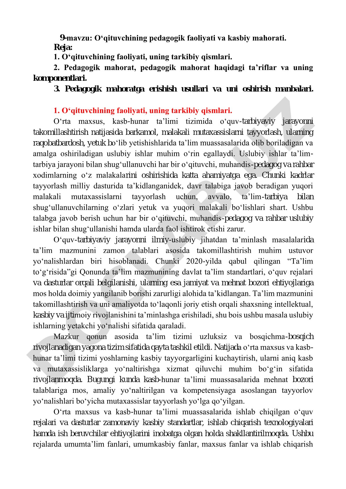 O'qituvchining pedagogik faoliyati va kasbiy mahorati