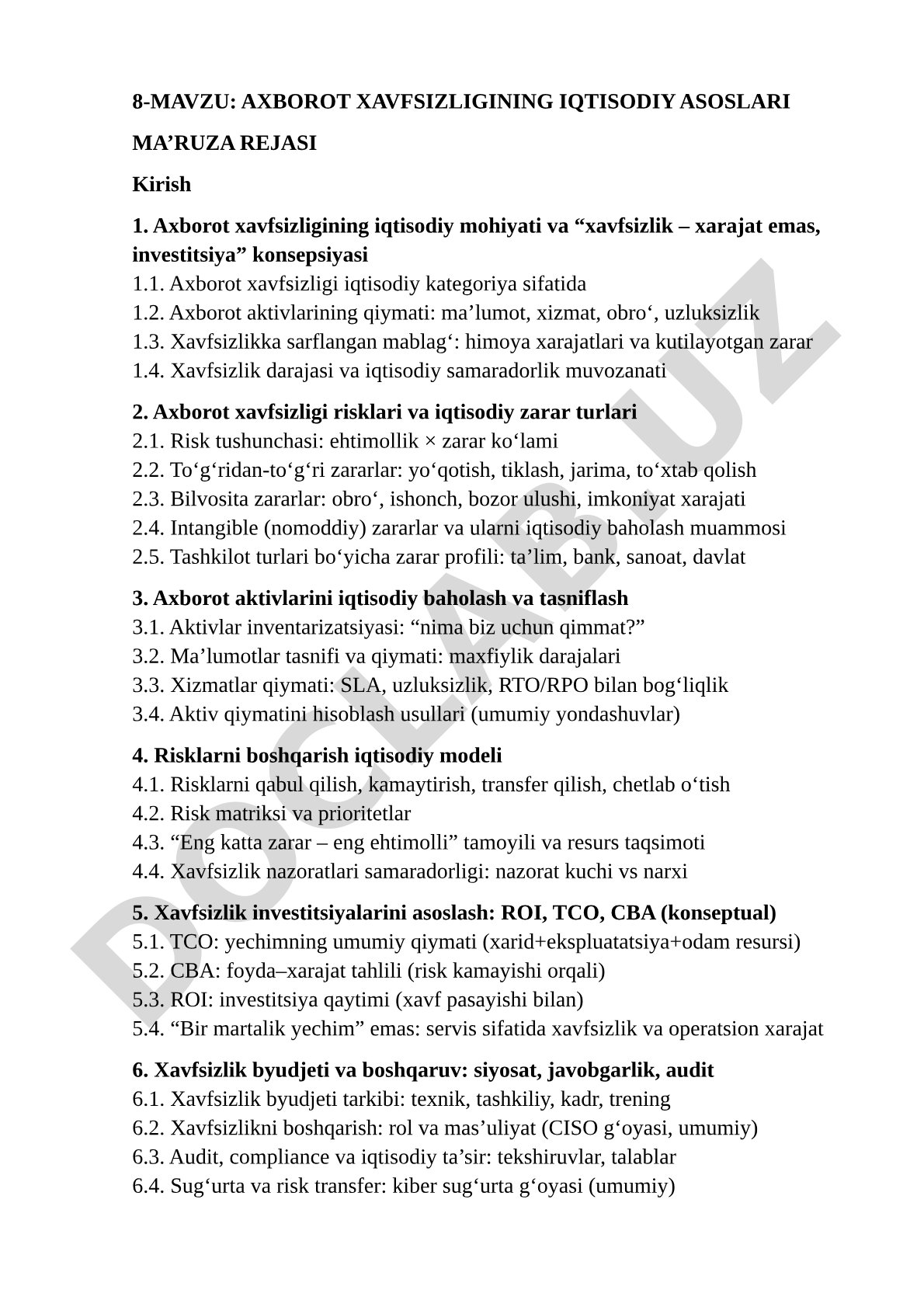 Axborot xavfsizligining iqtisodiy asoslari