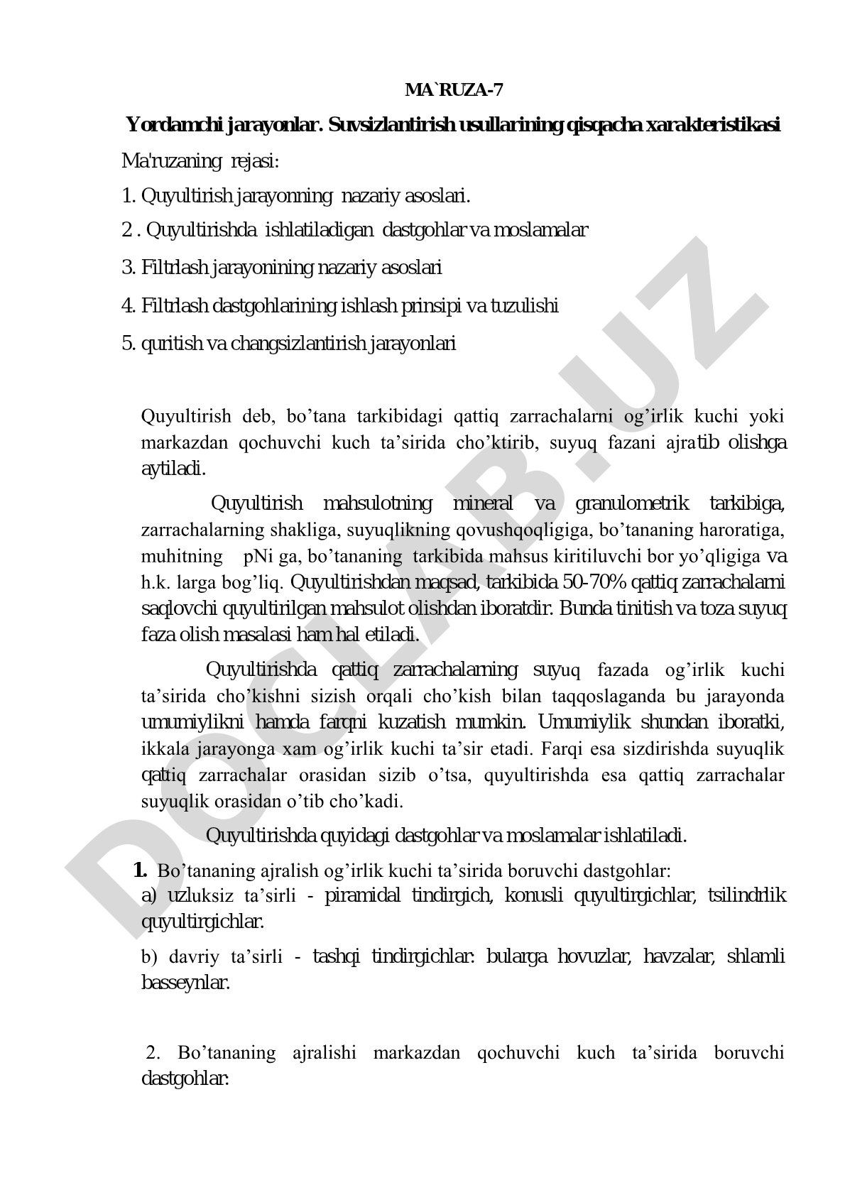 Yordamchi jarayonlar. Suvsizlantirish usullarining qisqacha xarakteristikasi