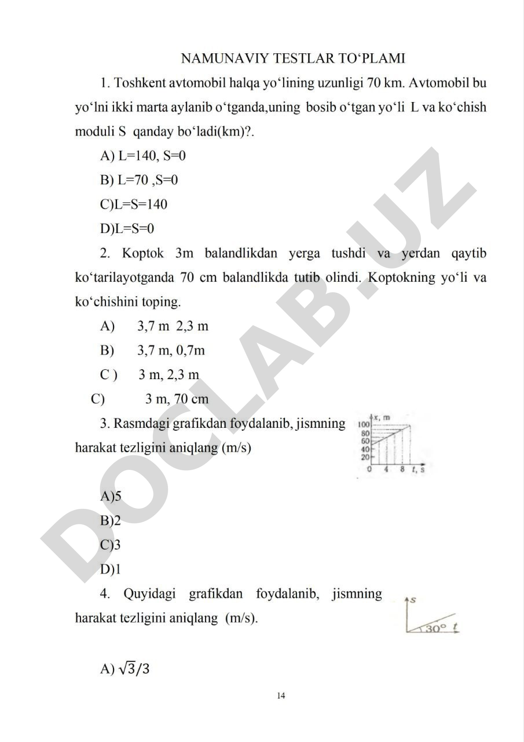Fizika fanidan harakat, yo'l va ko'chishga oid testlar