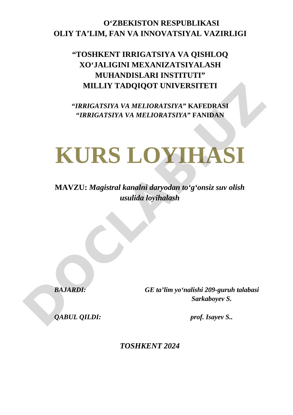 Magistral kanalni daryodan toʻgʻonsiz suv olish usulida loyihalash