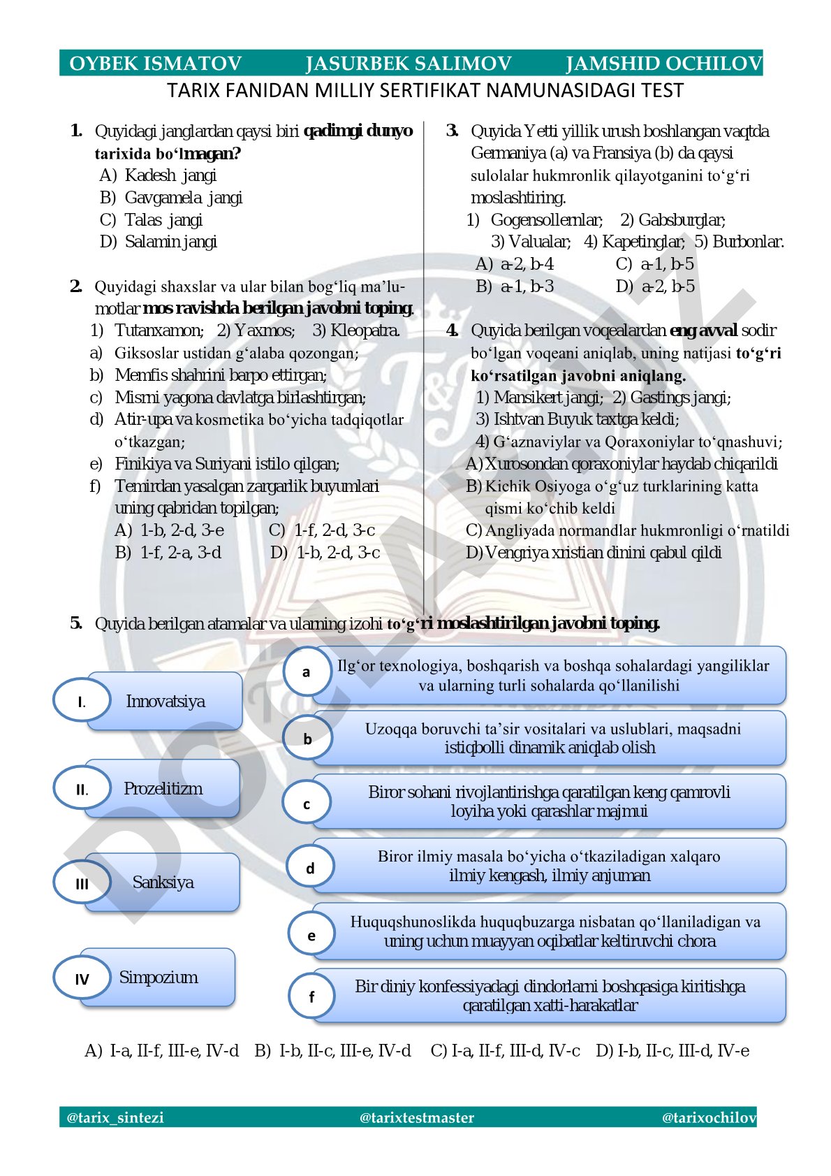Tarix fanidan milliy sertifikat namunasidagi test