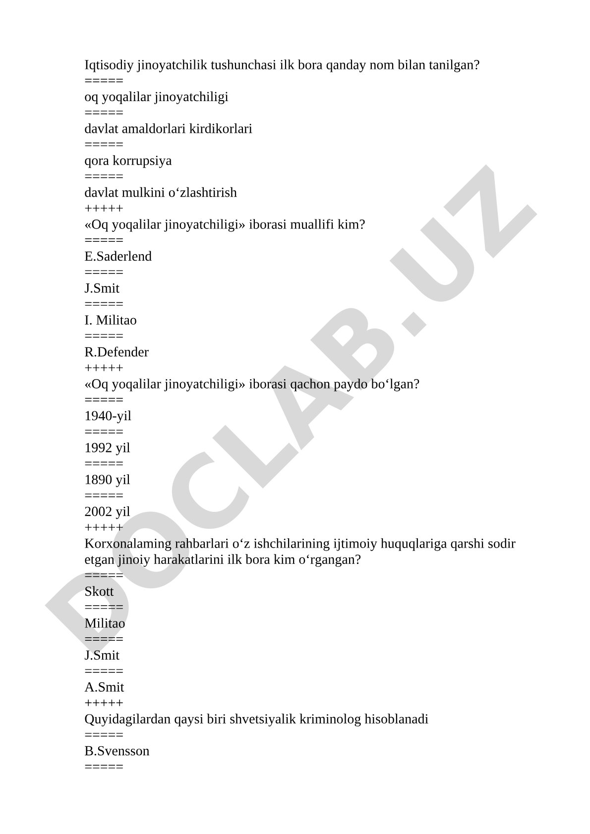 Iqtisodiy jinoyatchilik tarixi va tushunchalari bo'yicha test savollari