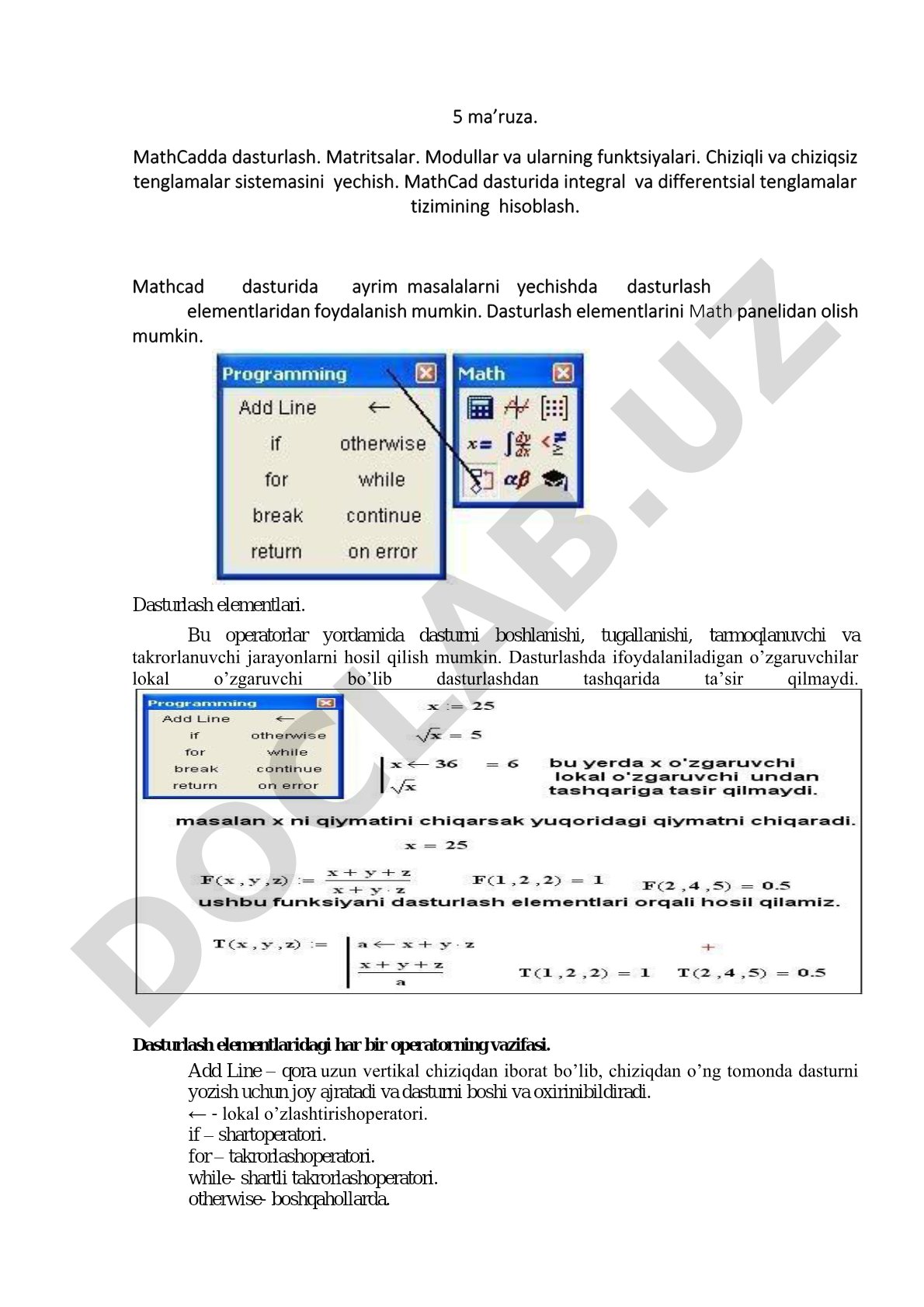 MathCadda dasturlash. Matritsalar. Modullar va ularning funktsiyalari. Chiziqli va chiziqsiz tenglamalar sistemasini yechish