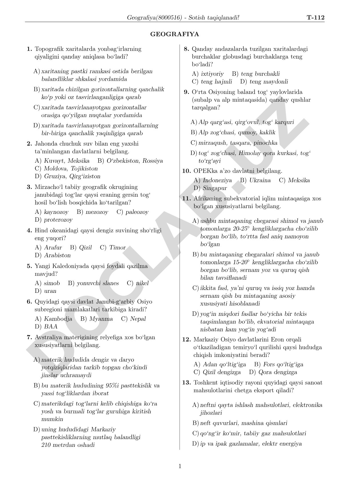 Geografiya fanidan test savollari
