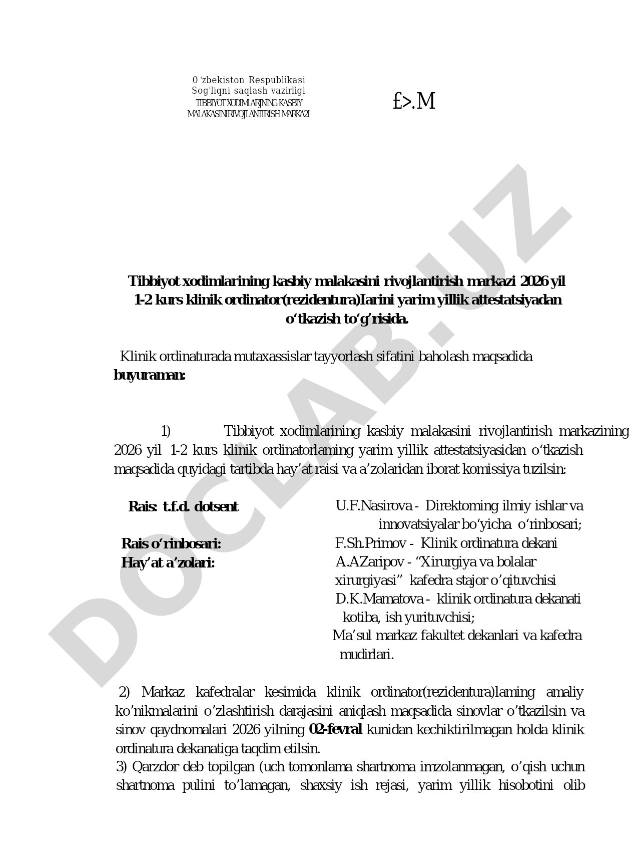 Klinik ordinatorlarni yarim yillik attestatsiyadan o'tkazish to'g'risida