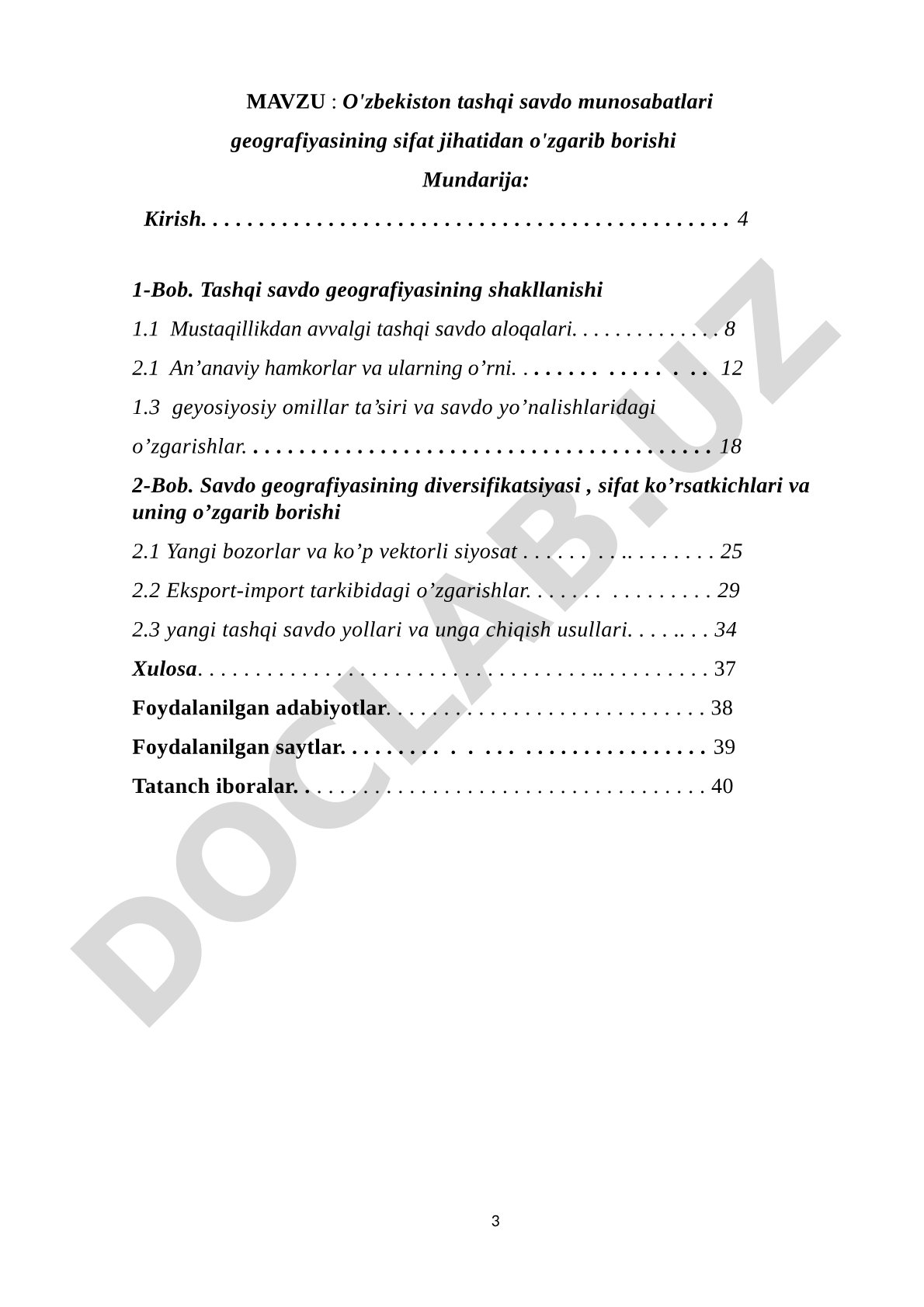 O'zbekiston tashqi savdo munosabatlari geografiyasining sifat jihatidan o'zgarib borishi